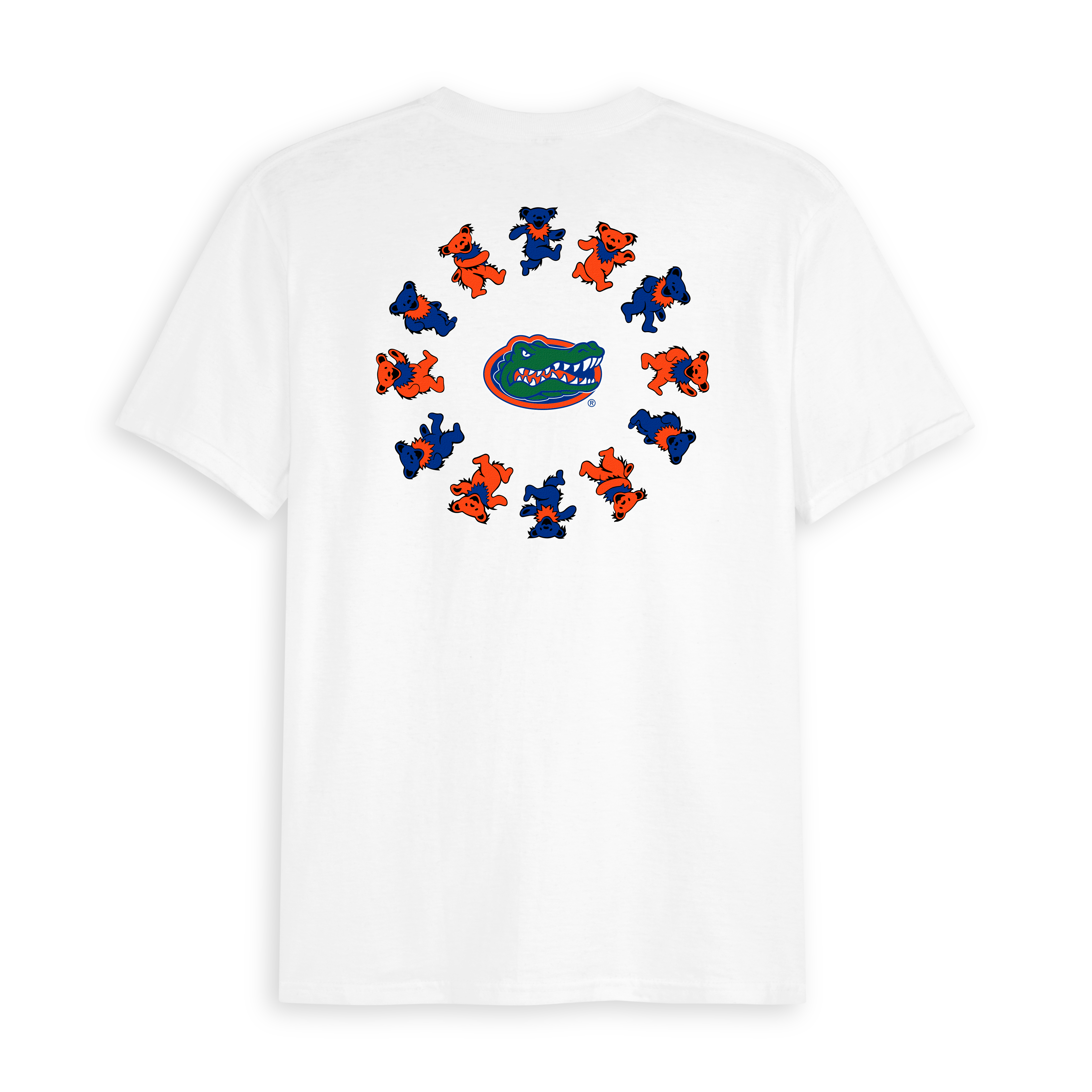 White collegiate graphic tee featuring colorful dancing bears in a circle around an alligator logo. Class Trip | Officially Licensed Collegiate Apparel