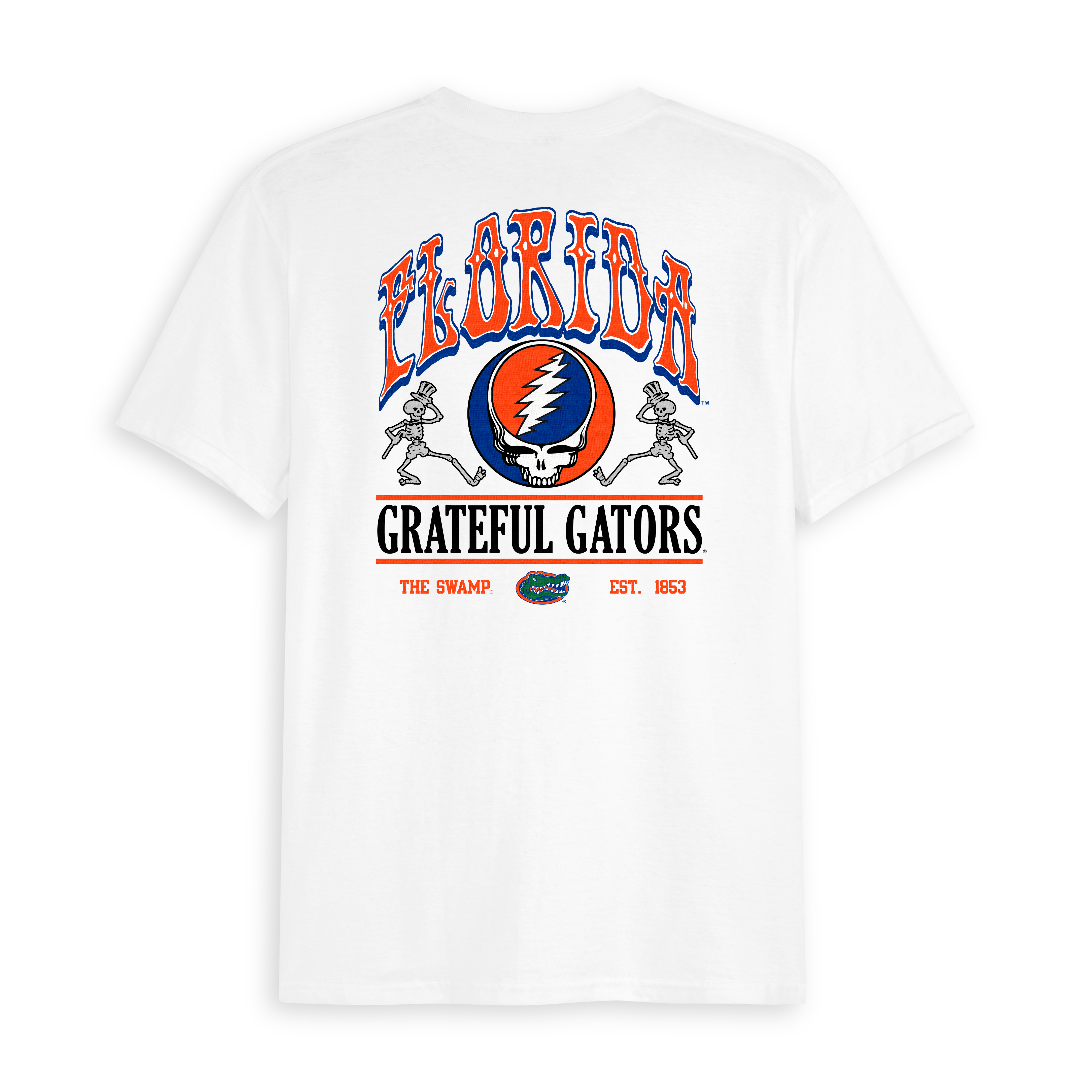 White Florida Grateful Gators graphic tee with collegiate and vintage artwork. Class Trip | Officially Licensed Collegiate Apparel