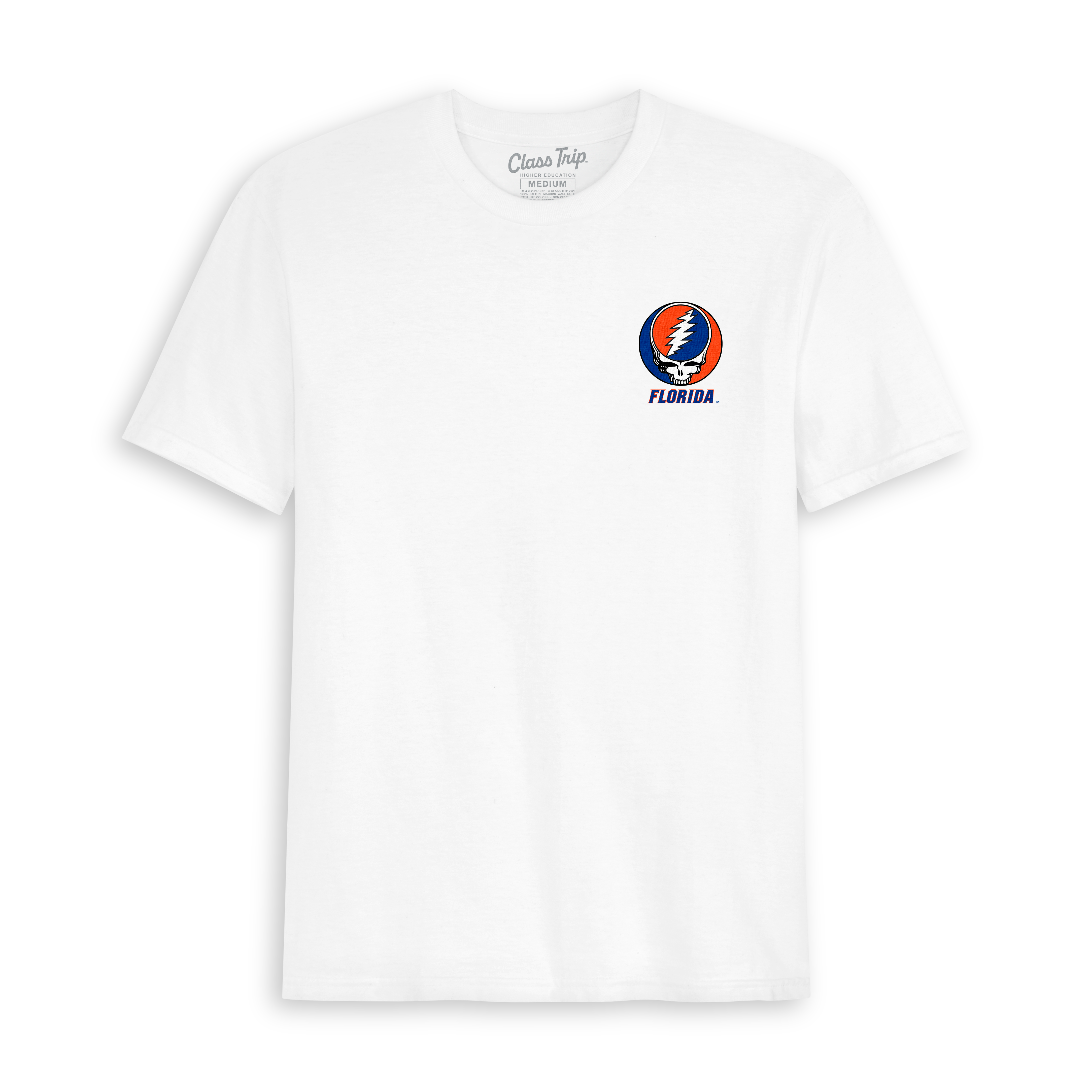 White Florida collegiate t-shirt with orange and blue lightning skull logo, Class Trip | Officially Licensed Collegiate Apparel