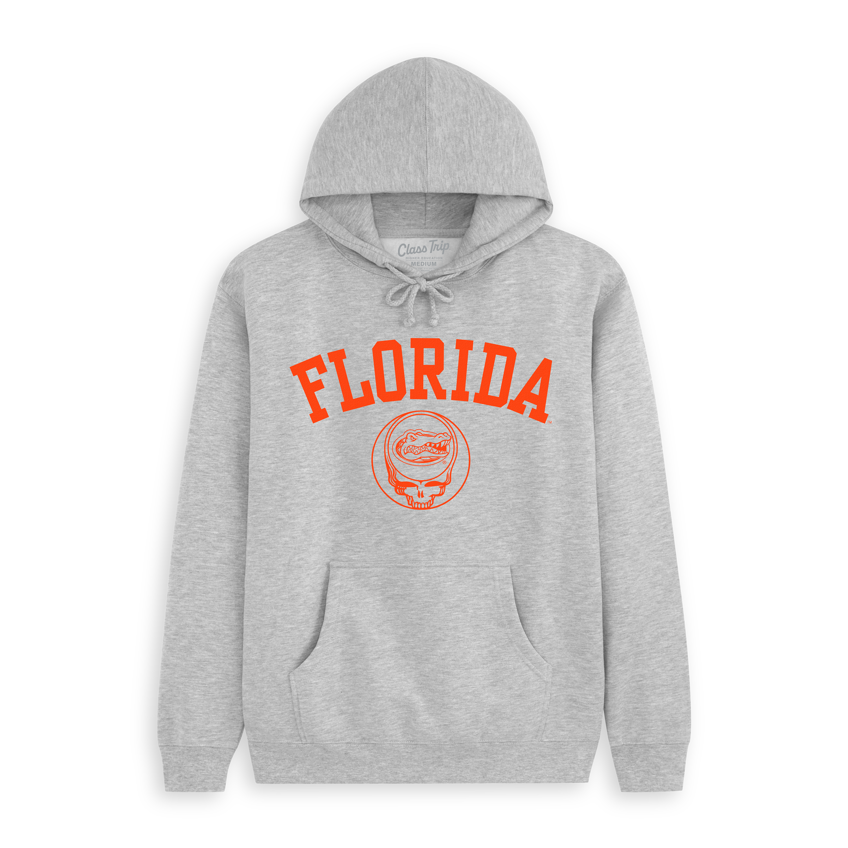 Gray Florida collegiate hoodie with orange logo and alligator graphic, official school apparel. Class Trip | Officially Licensed Collegiate Apparel