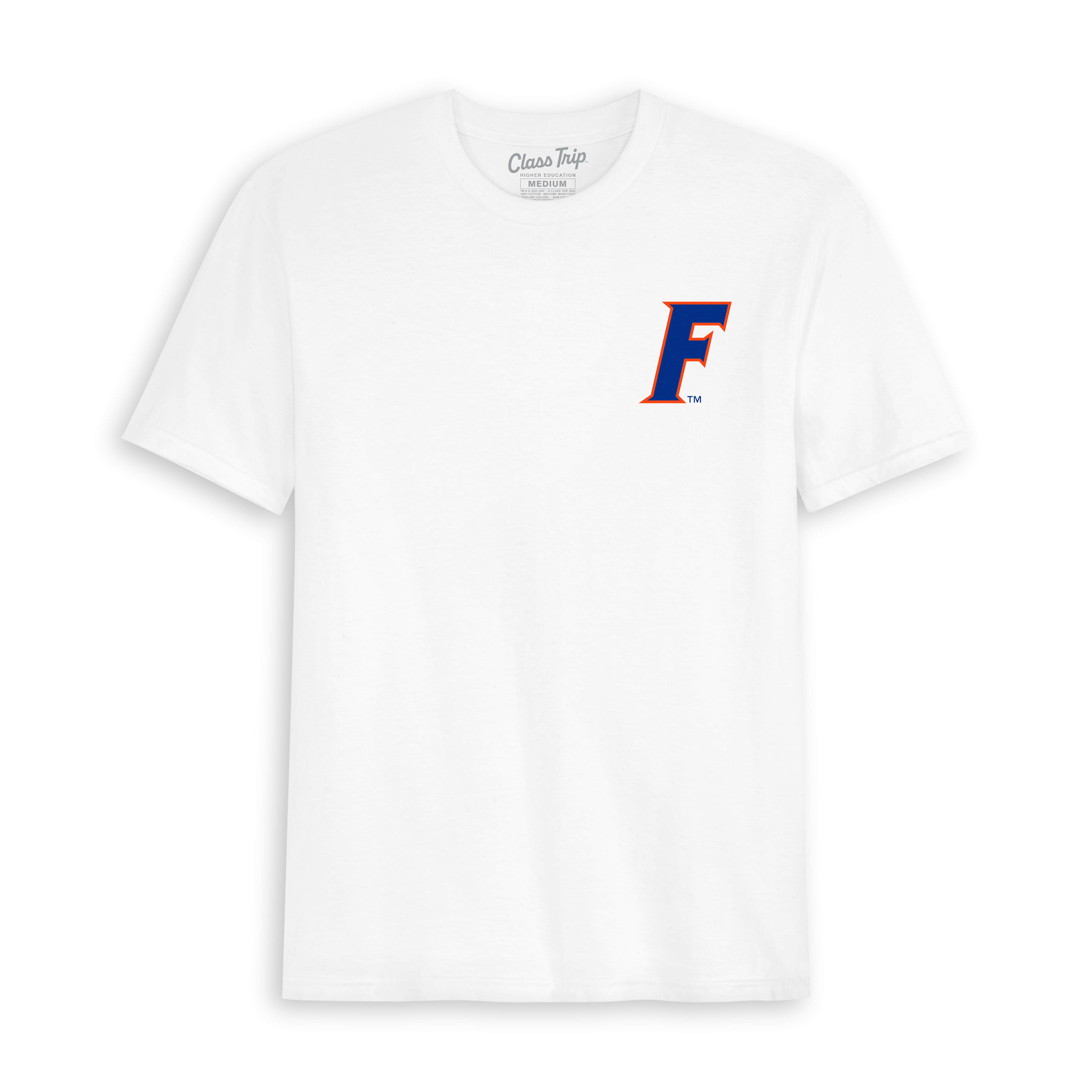 White collegiate t-shirt with blue and orange varsity F logo on chest. Class Trip | Officially Licensed Collegiate Apparel