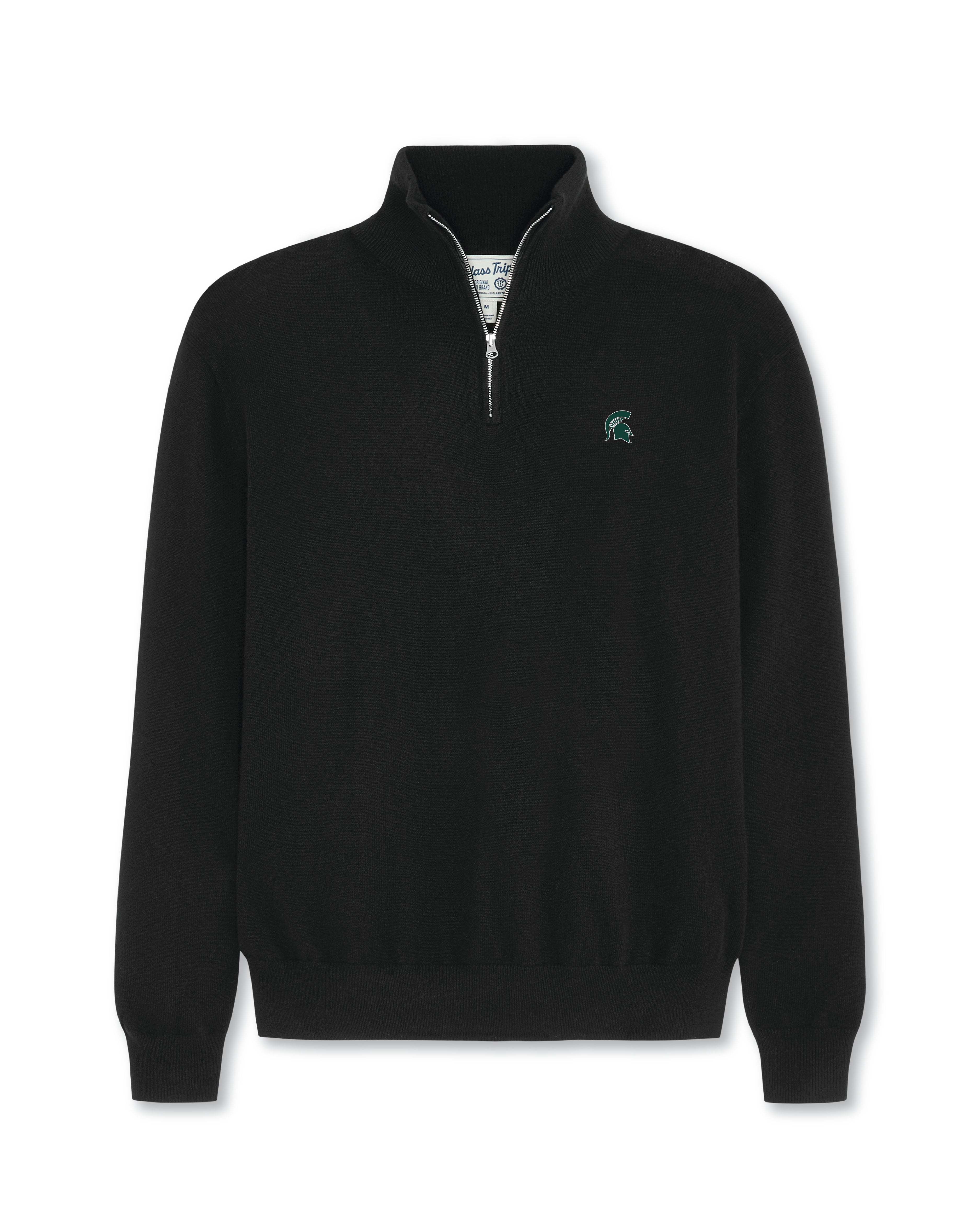 Black cashmere quarter-zip sweater with embroidered collegiate logo, Class Trip | Officially Licensed Collegiate Apparel