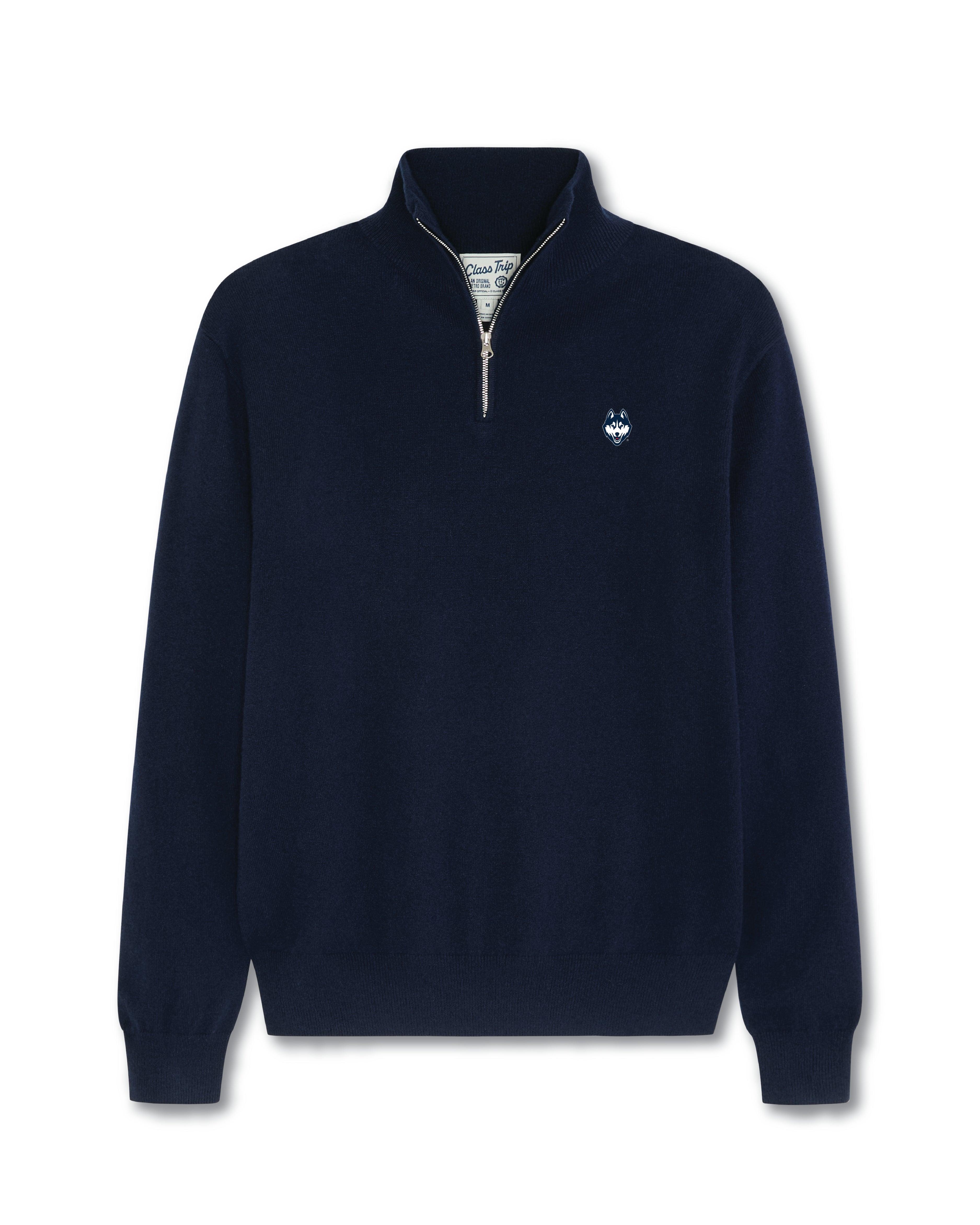 Navy blue quarter-zip cashmere sweater with collegiate crest, premium collegiate apparel. Class Trip | Officially Licensed Collegiate Apparel