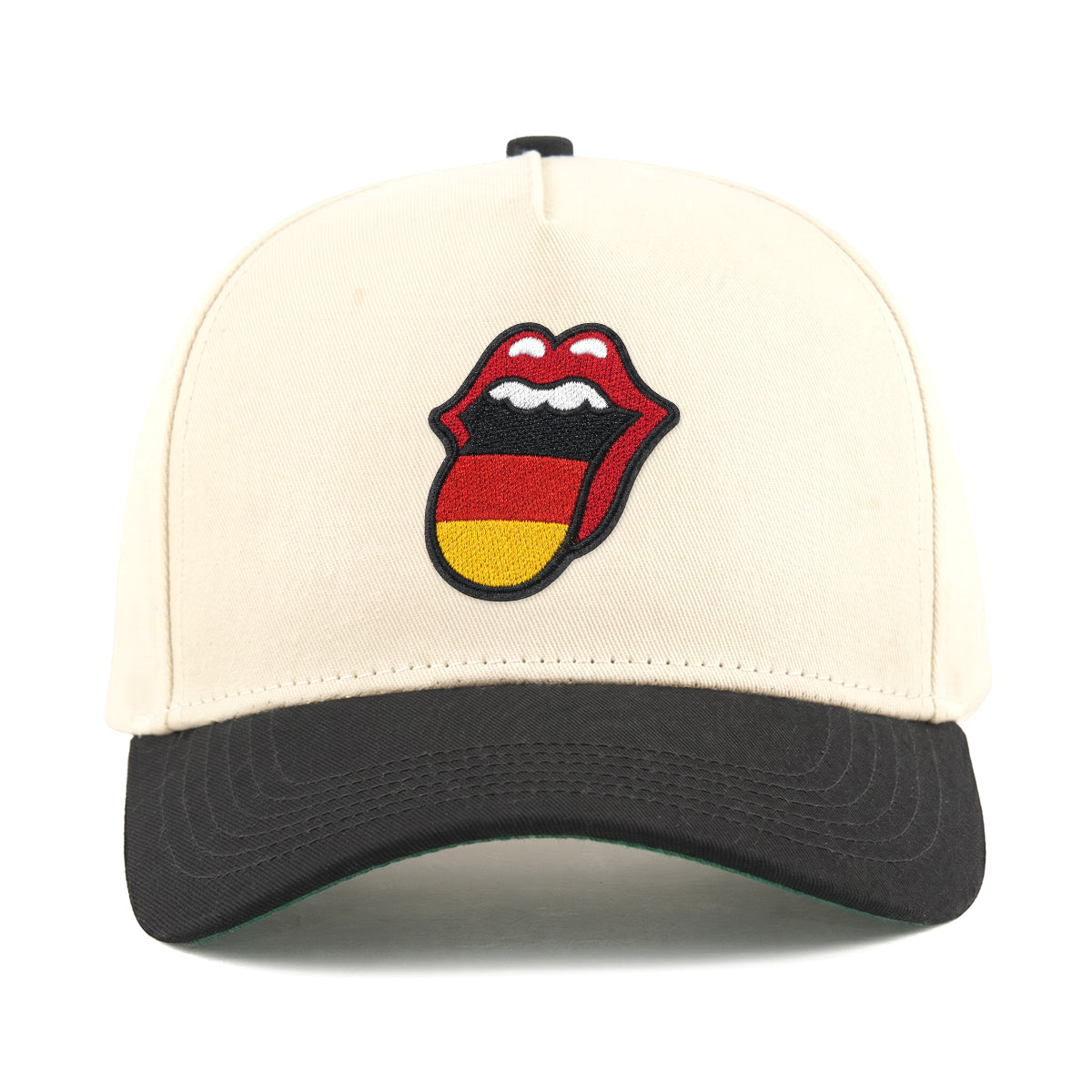 Cream and black baseball cap with embroidered Rolling Stones tongue logo in German flag colors. Class Trip | Higher Education