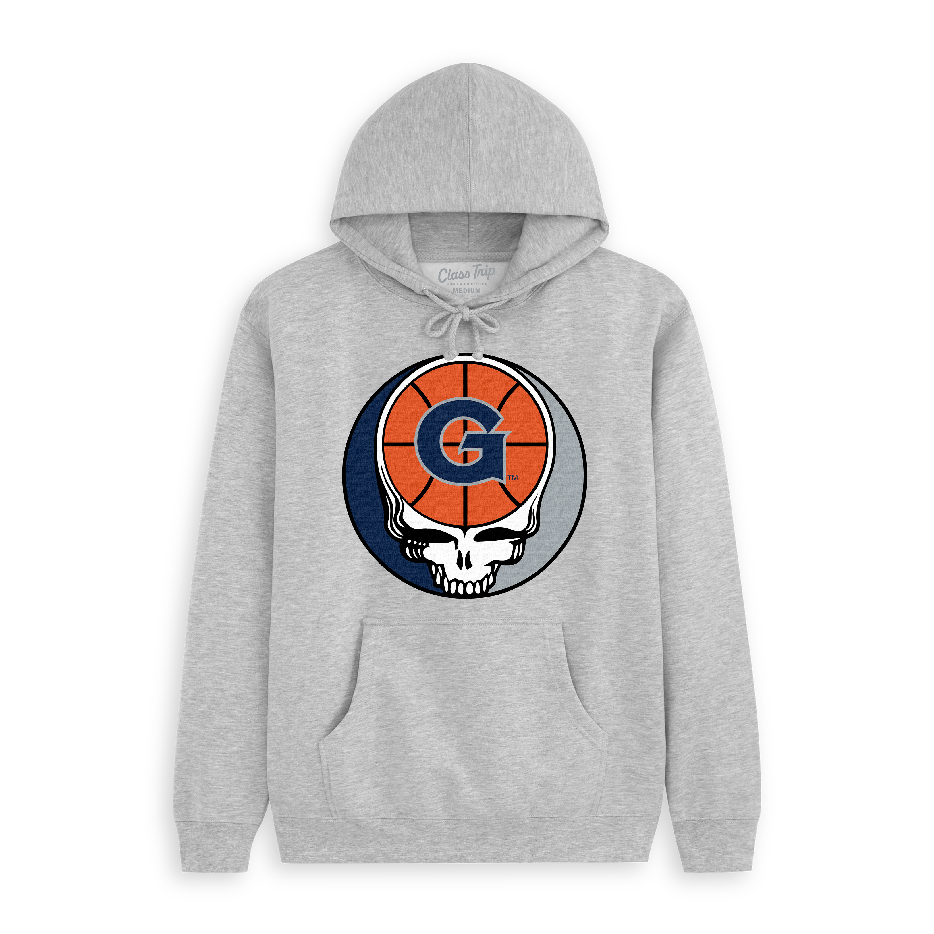 Grey hoodie with Georgetown basketball and skull graphic on front. Class Trip | Officially Licensed Collegiate Apparel