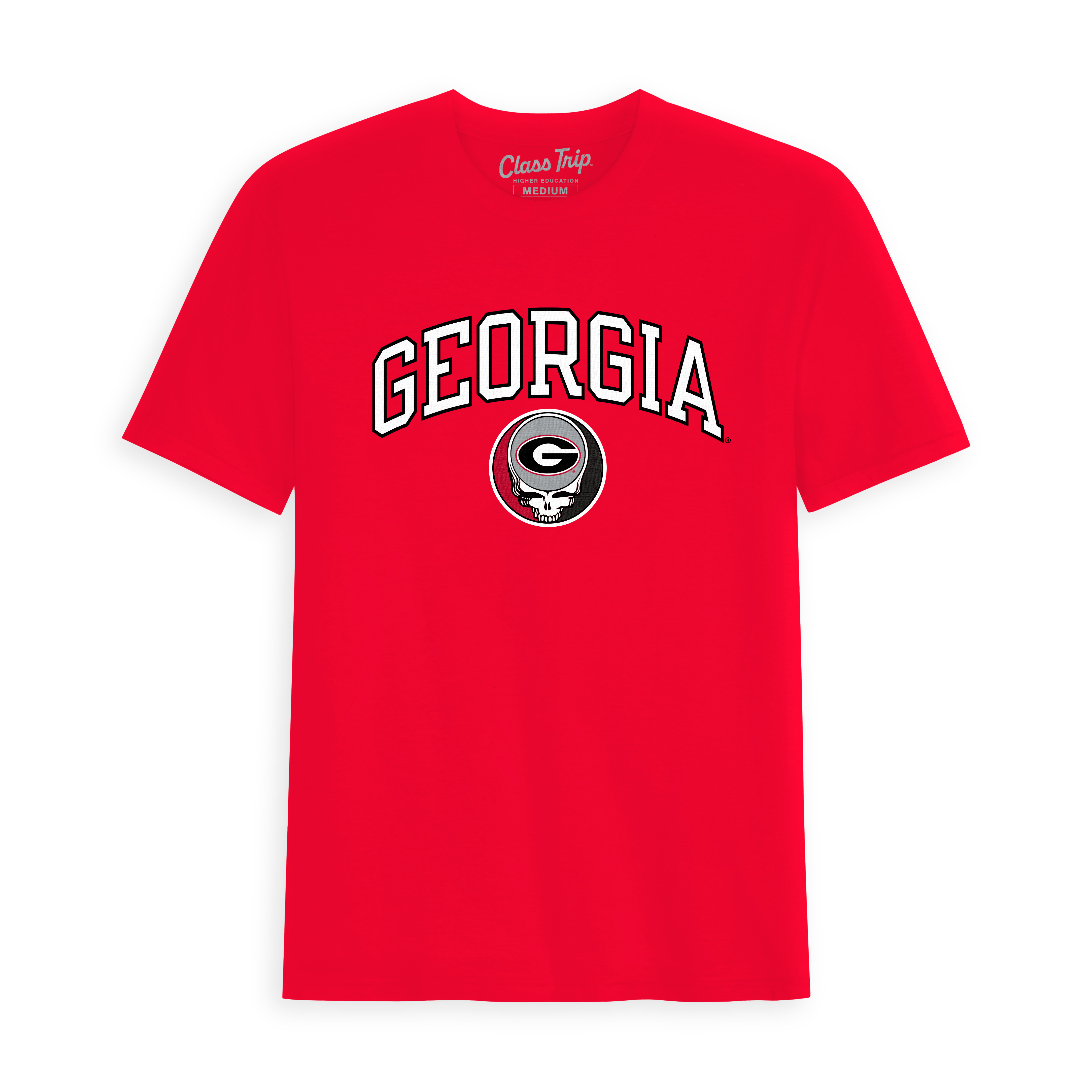 Red Georgia collegiate t-shirt with arched text and logo graphic. Class Trip | Officially Licensed Collegiate Apparel