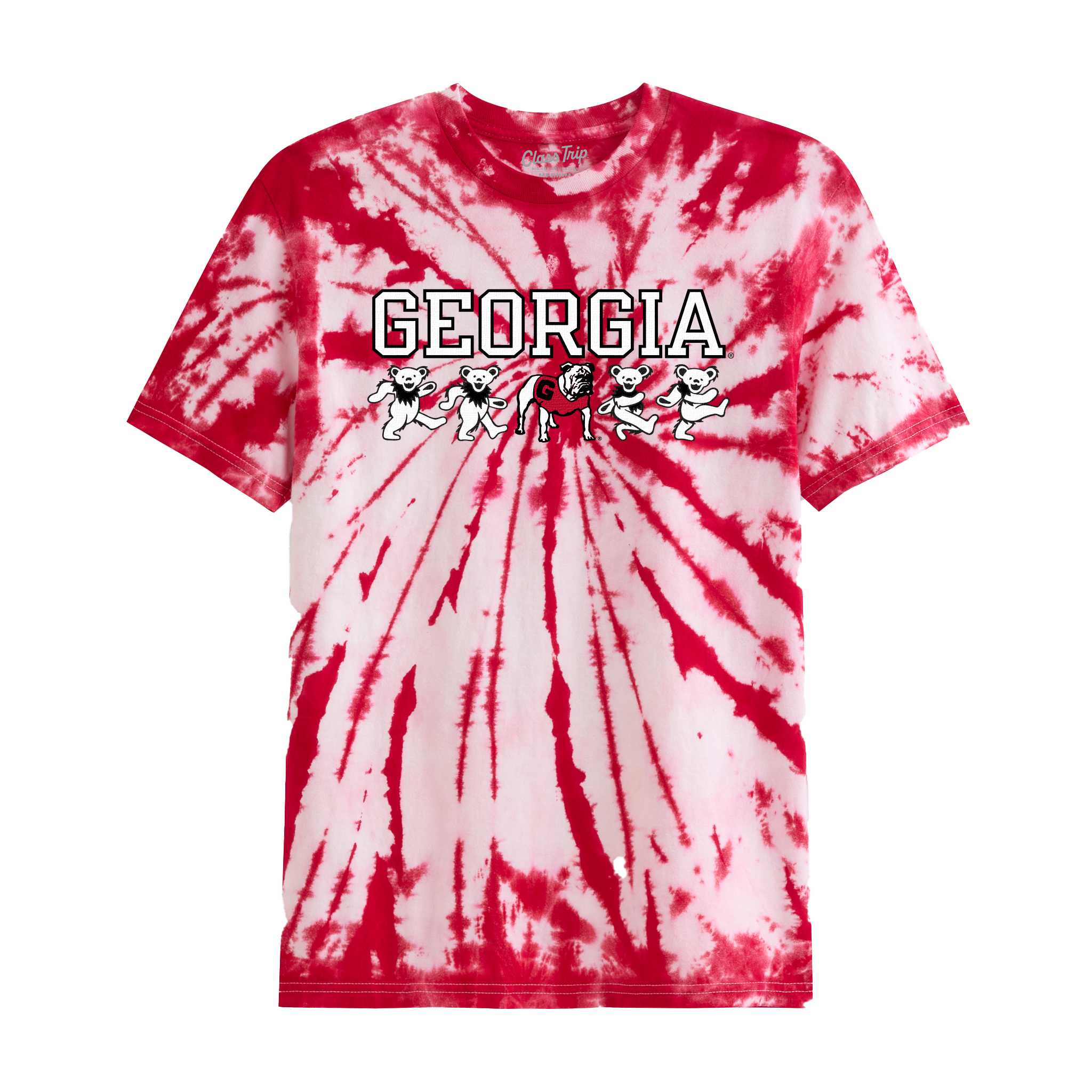 Red and white tie-dye Georgia t-shirt with dancing bears and school mascot, collegiate tee. Class Trip | Officially Licensed Collegiate Apparel