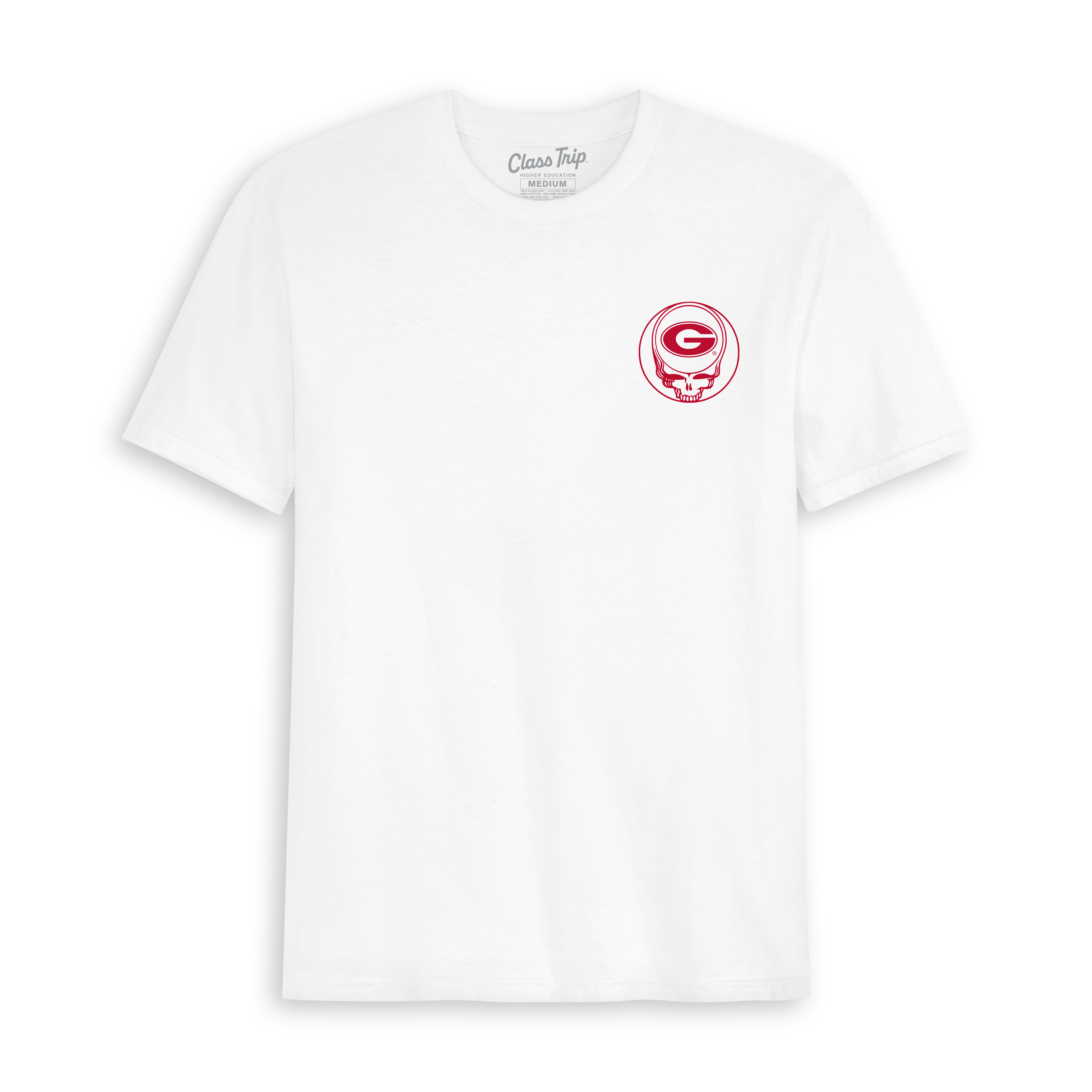 White collegiate tee with red Georgia logo and skull emblem on chest. Class Trip | Officially Licensed Collegiate Apparel