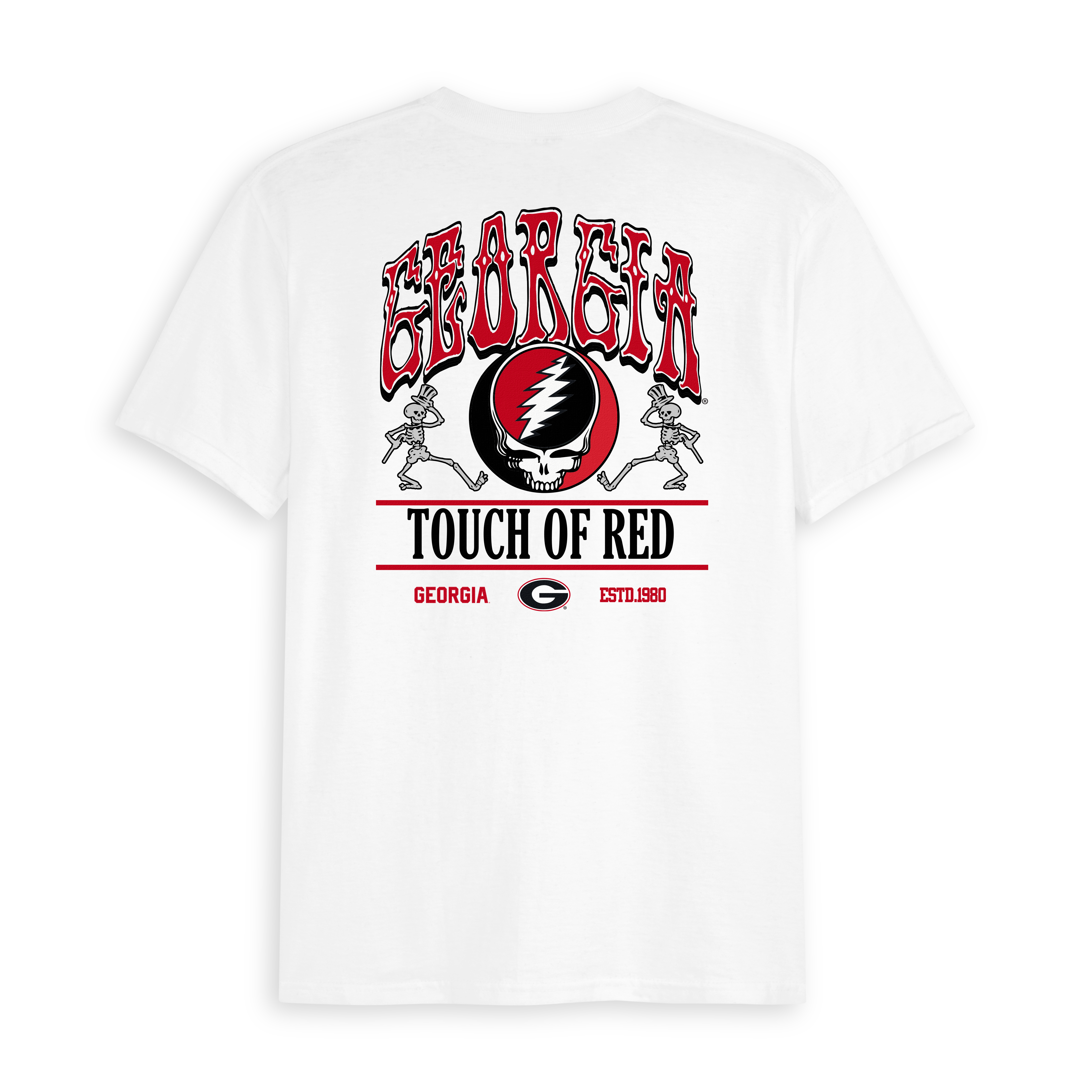 White Georgia collegiate tee with red and black Grateful Dead graphic, Touch of Red text. Class Trip | Officially Licensed Collegiate Apparel