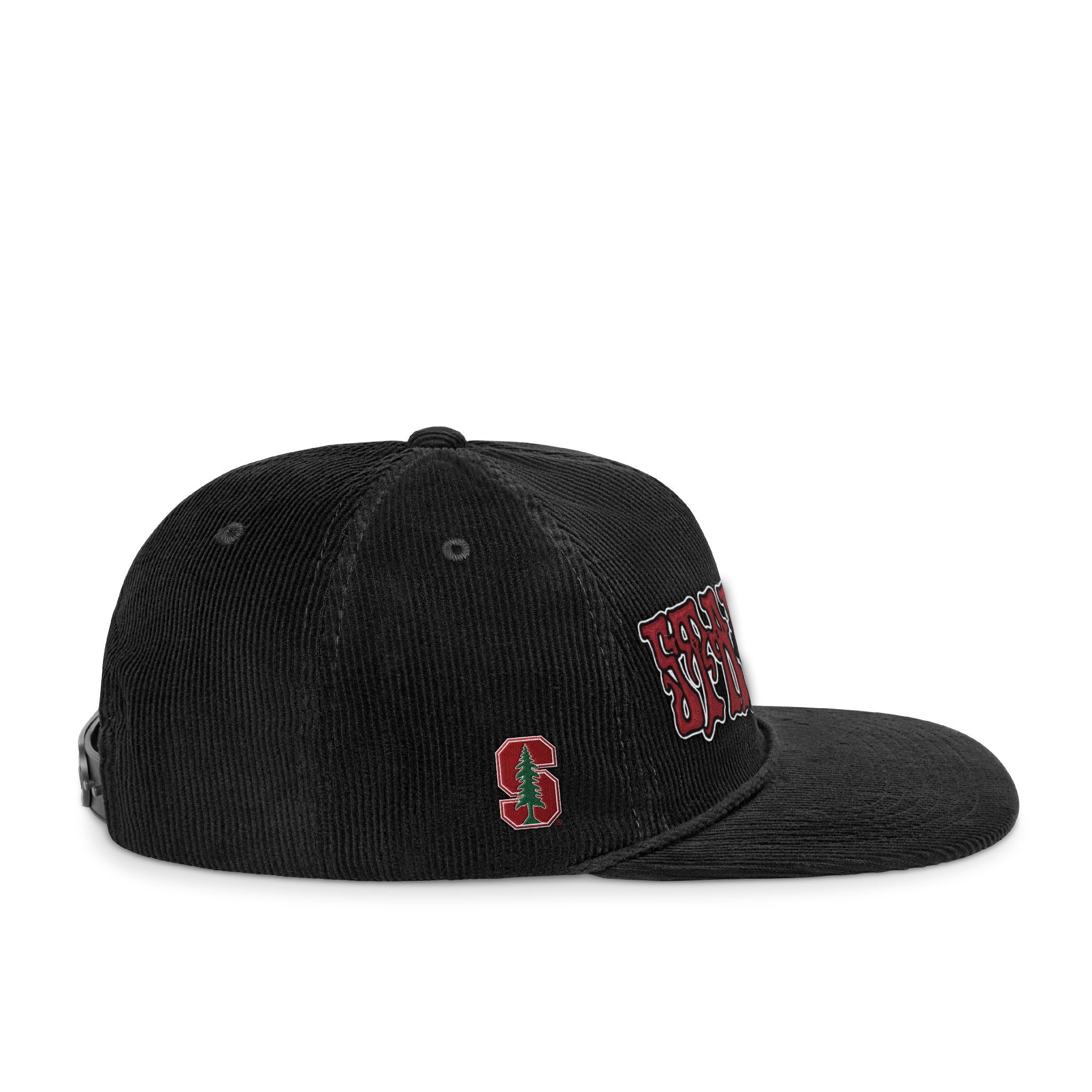 Black corduroy Stanford snapback hat with red tree logo and script, Class Trip | Officially Licensed Collegiate Apparel
