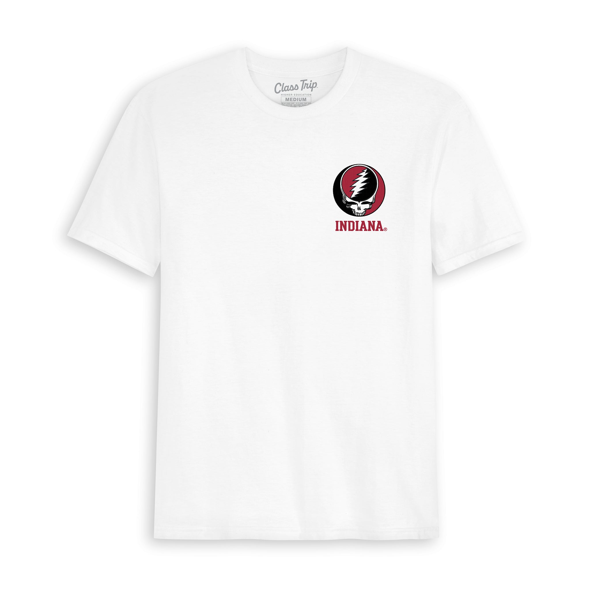 White t-shirt with Indiana Grateful Dead logo. Indiana Grateful Dead Tee Class Trip | Higher Education