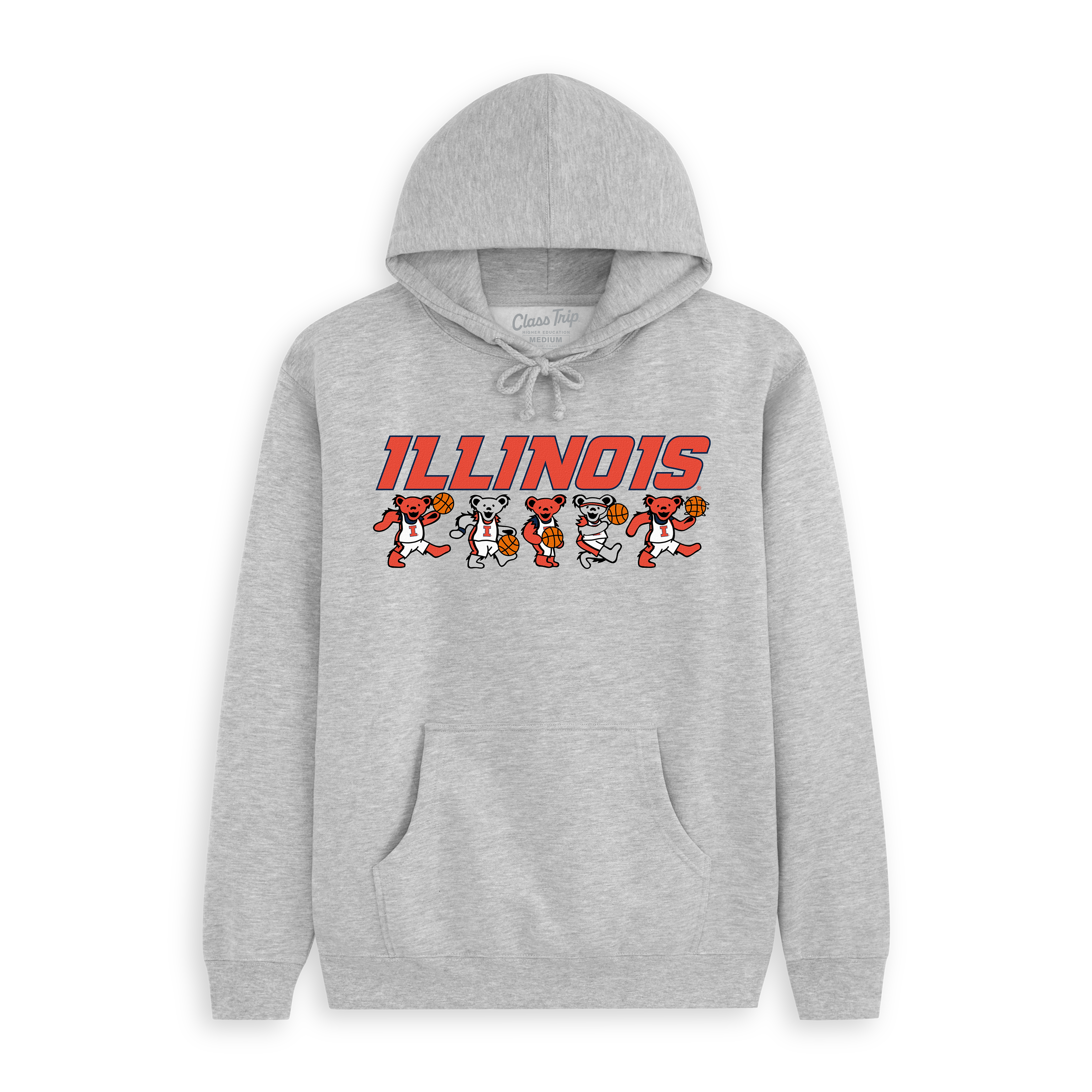Gray Illinois hoodie with Grateful Dead dancing bears holding basketballs, collegiate apparel. Class Trip | Officially Licensed Collegiate Apparel