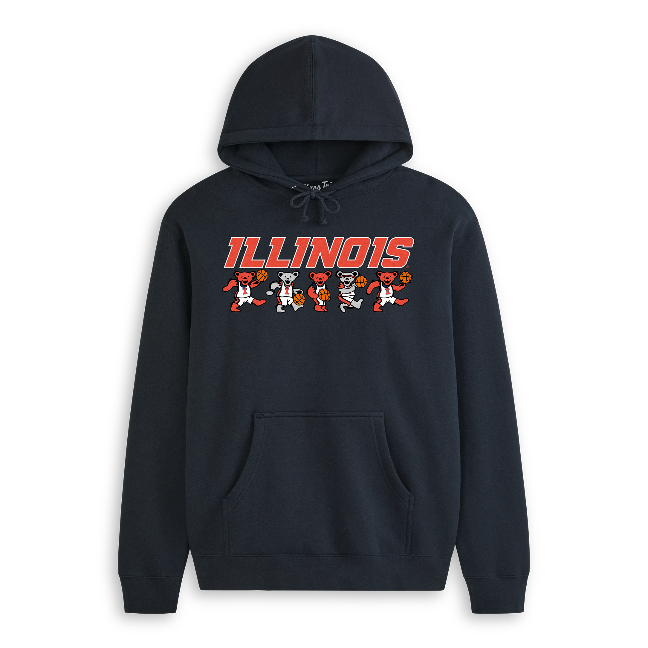 Navy Illinois hoodie with cartoon bears in basketball uniforms and bold lettering. Class Trip | Officially Licensed Collegiate Apparel
