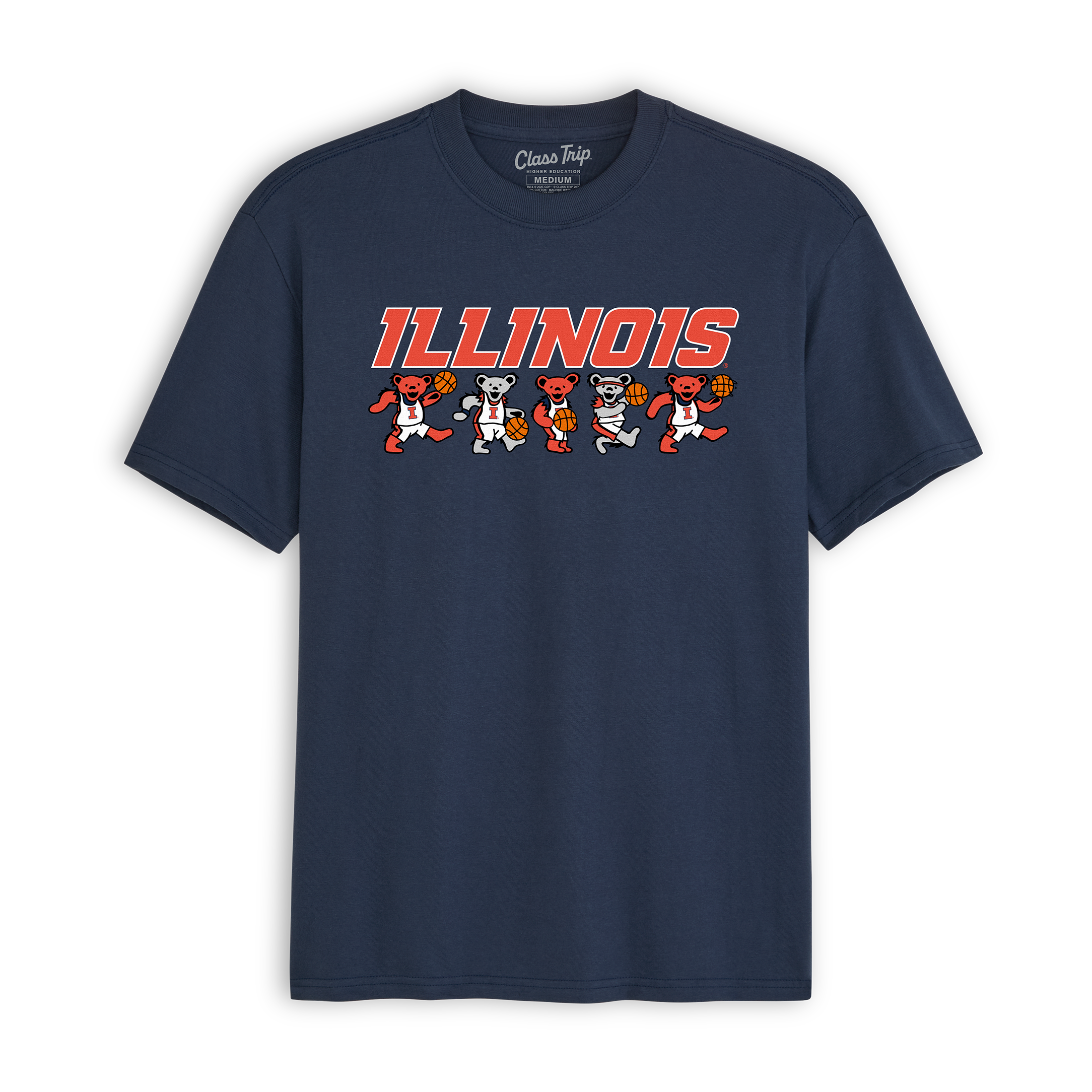 Navy Illinois basketball tee with dancing bears and bold college lettering. Class Trip | Officially Licensed Collegiate Apparel