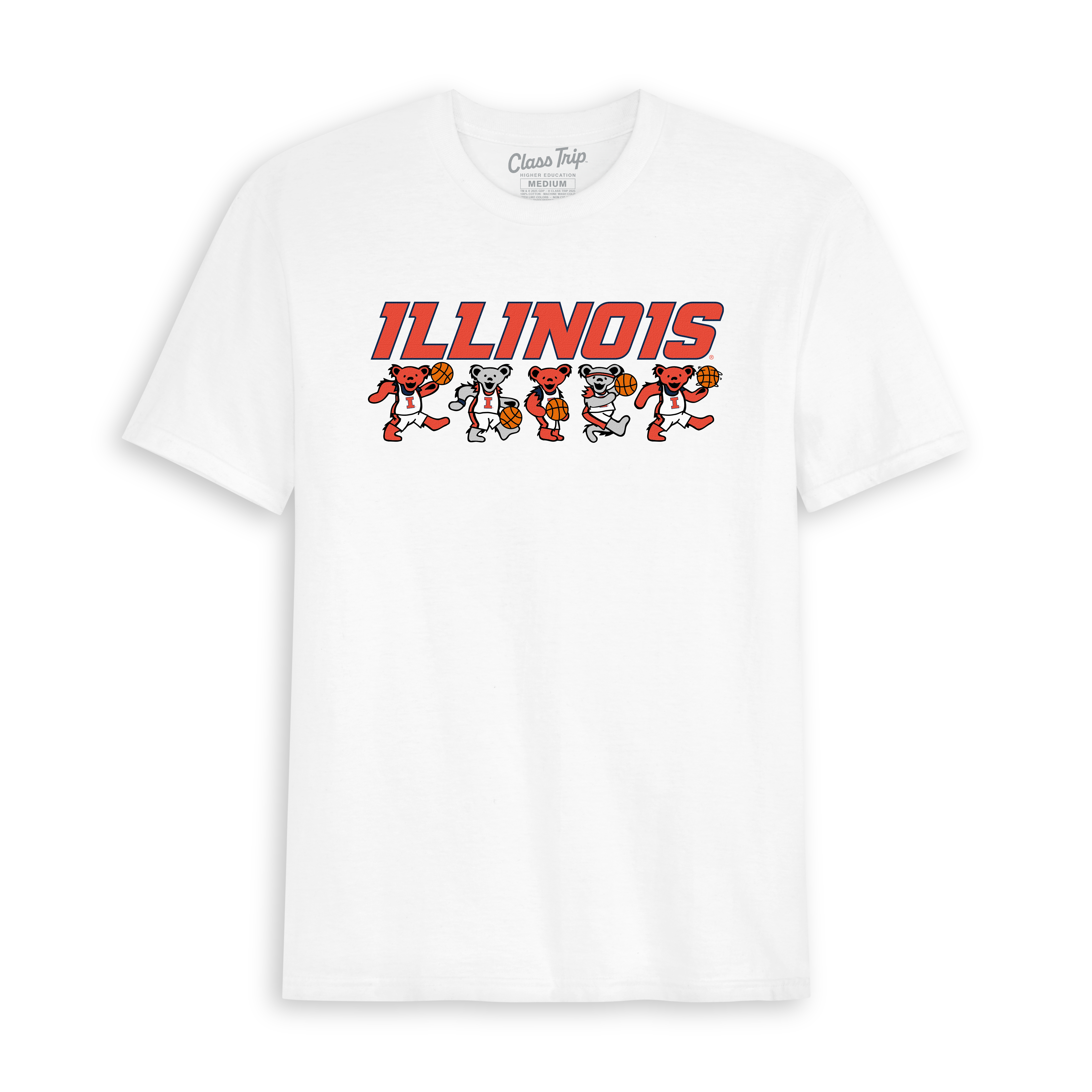 White Illinois t-shirt featuring dancing bears holding basketballs, collegiate spirit wear. Class Trip | Officially Licensed Collegiate Apparel