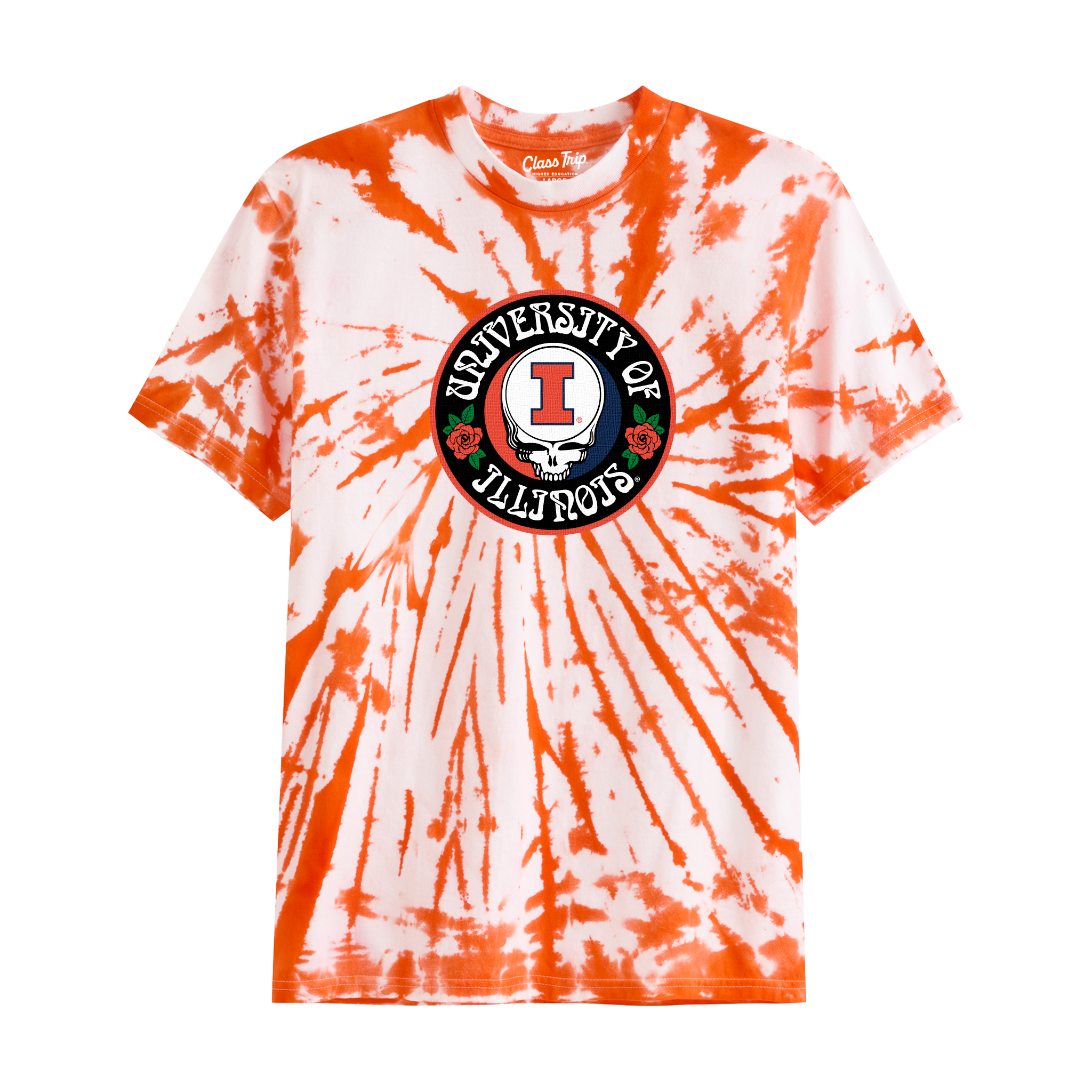 Orange and white tie-dye University of Illinois tee with skull and roses graphic, Class Trip | Officially Licensed Collegiate Apparel
