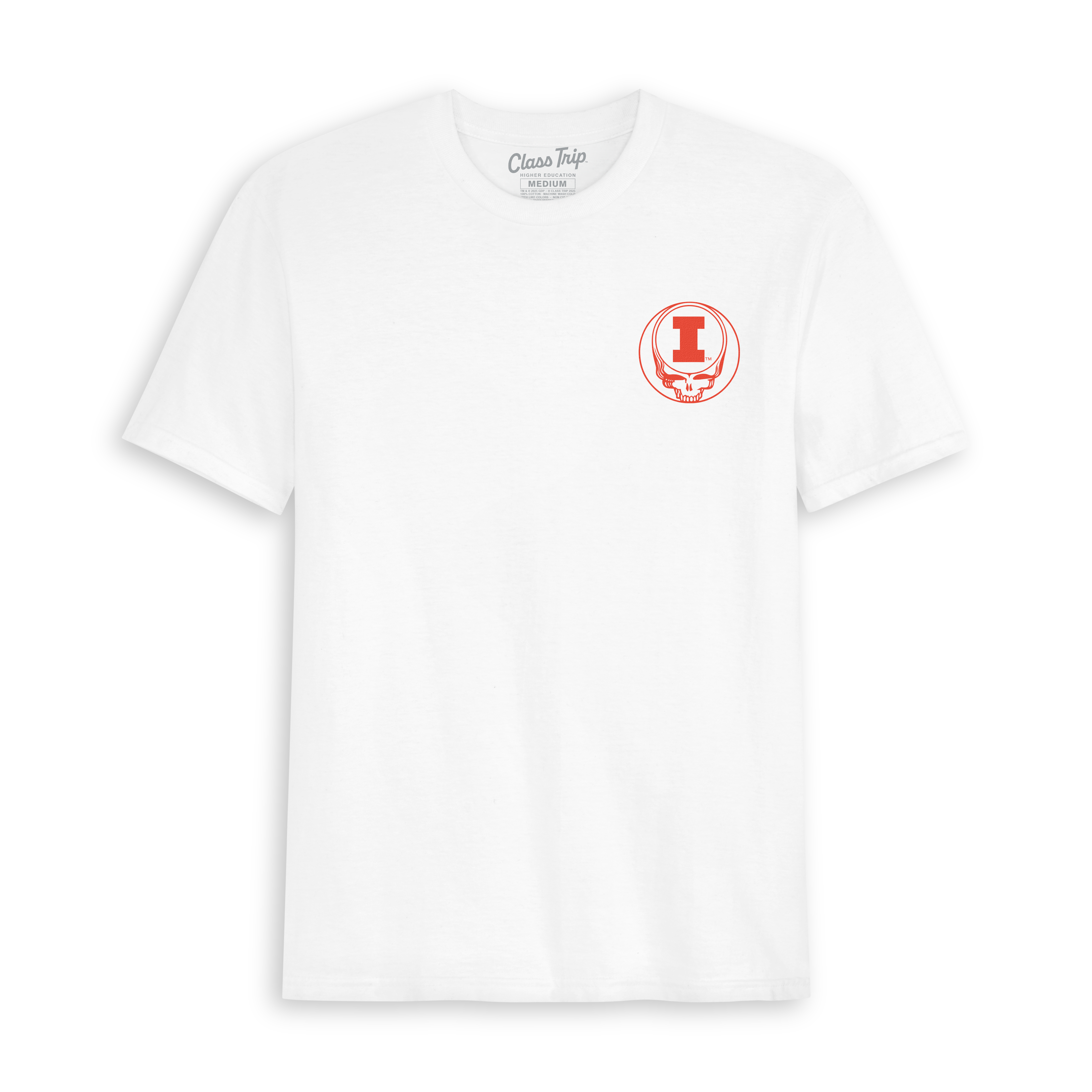 White Illinois collegiate t-shirt with red skull logo on chest. Class Trip | Officially Licensed Collegiate Apparel