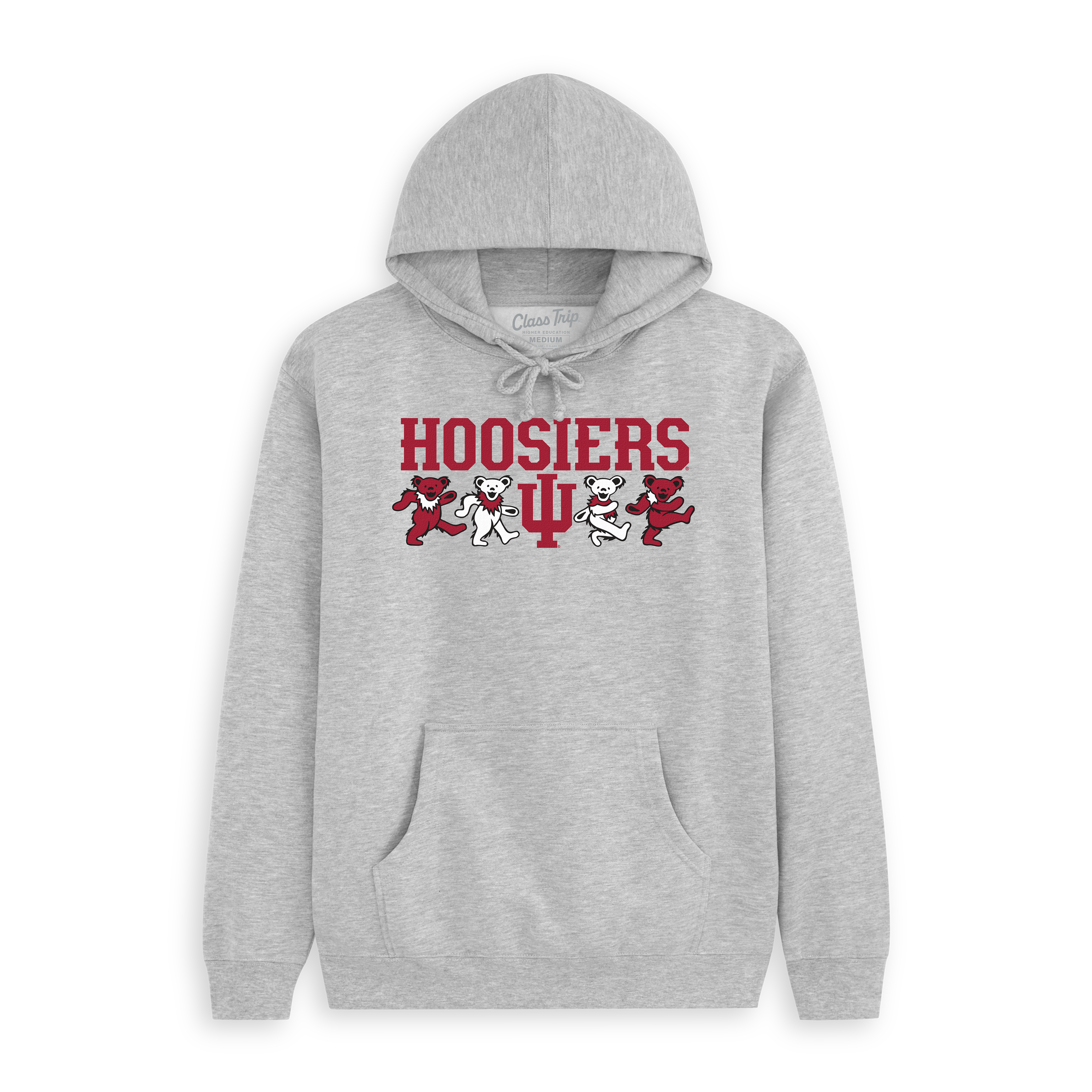 Gray hoodie with Hoosiers text, Indiana University logo, and Grateful Dead bears. Class Trip | Officially Licensed Collegiate Apparel