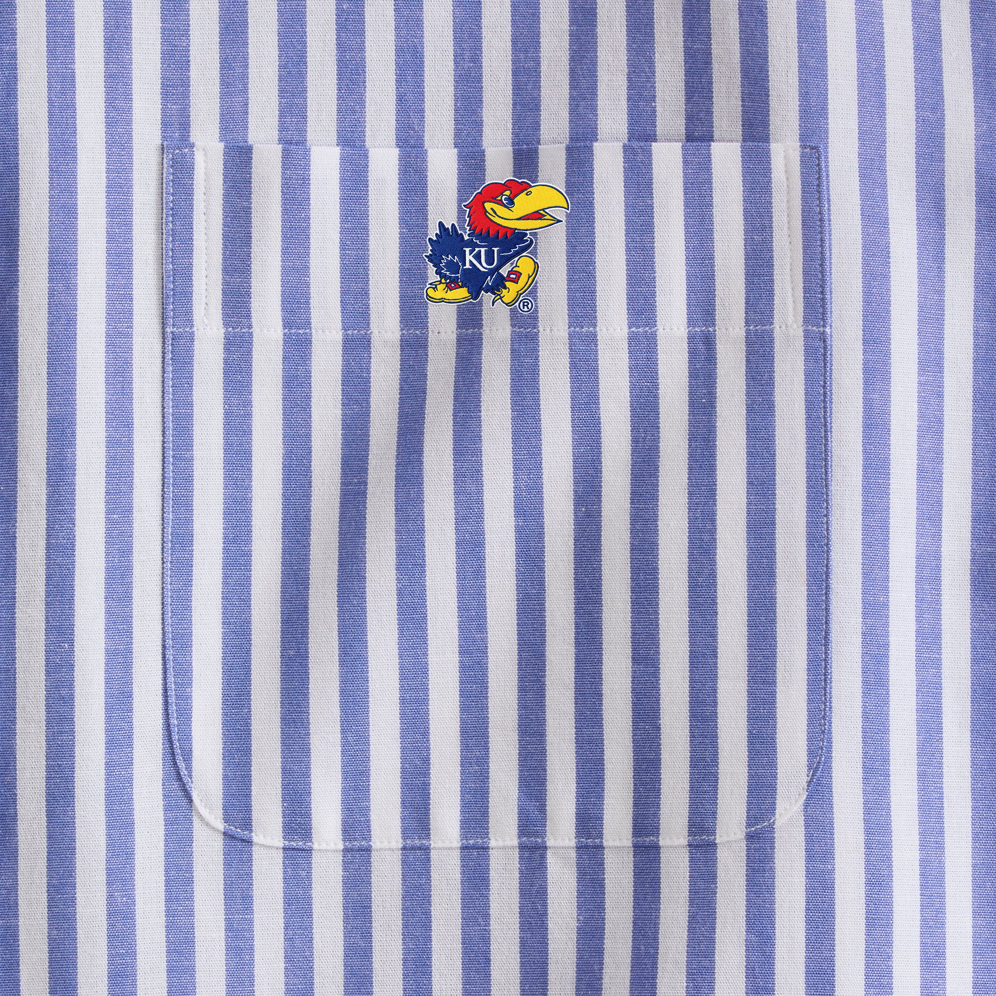 Blue and white striped men's shirt pocket with KU Jayhawk logo, Class Trip | Officially Licensed Collegiate Apparel