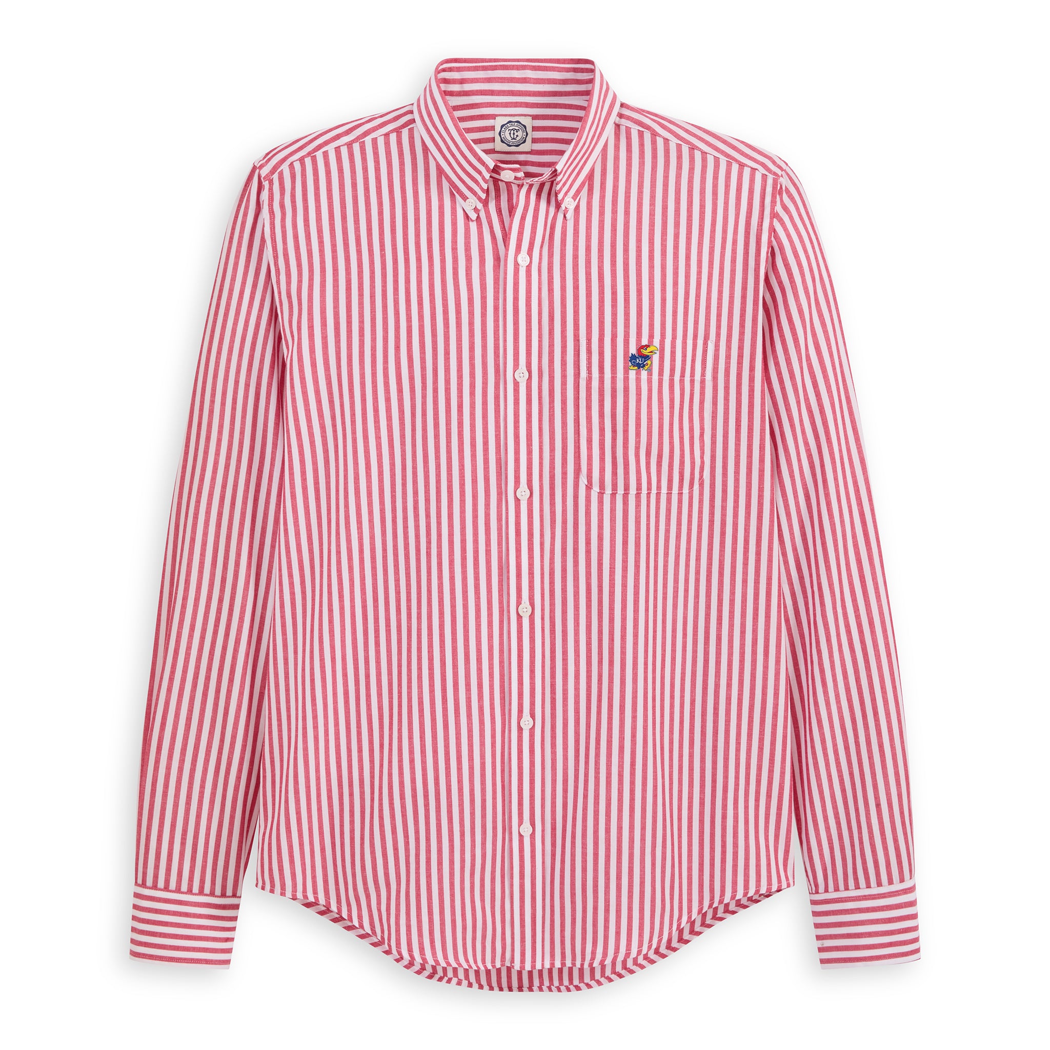 Men's red and white striped poplin button-down shirt with embroidered collegiate logo on chest, long sleeves, and front pocket | Class Trip | Officially Licensed Collegiate Apparel