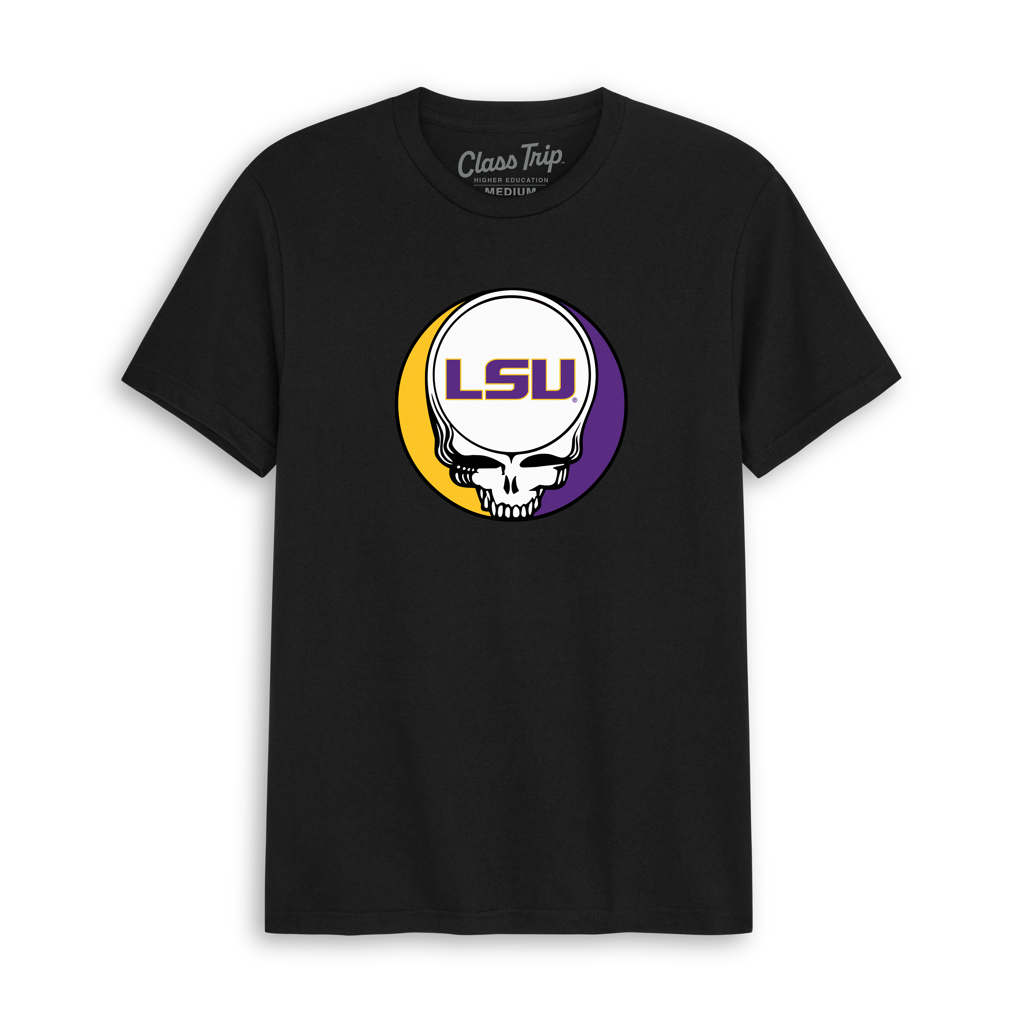 Black LSU t-shirt featuring Grateful Dead skull logo with purple and gold circle. Class Trip | Officially Licensed Collegiate Apparel