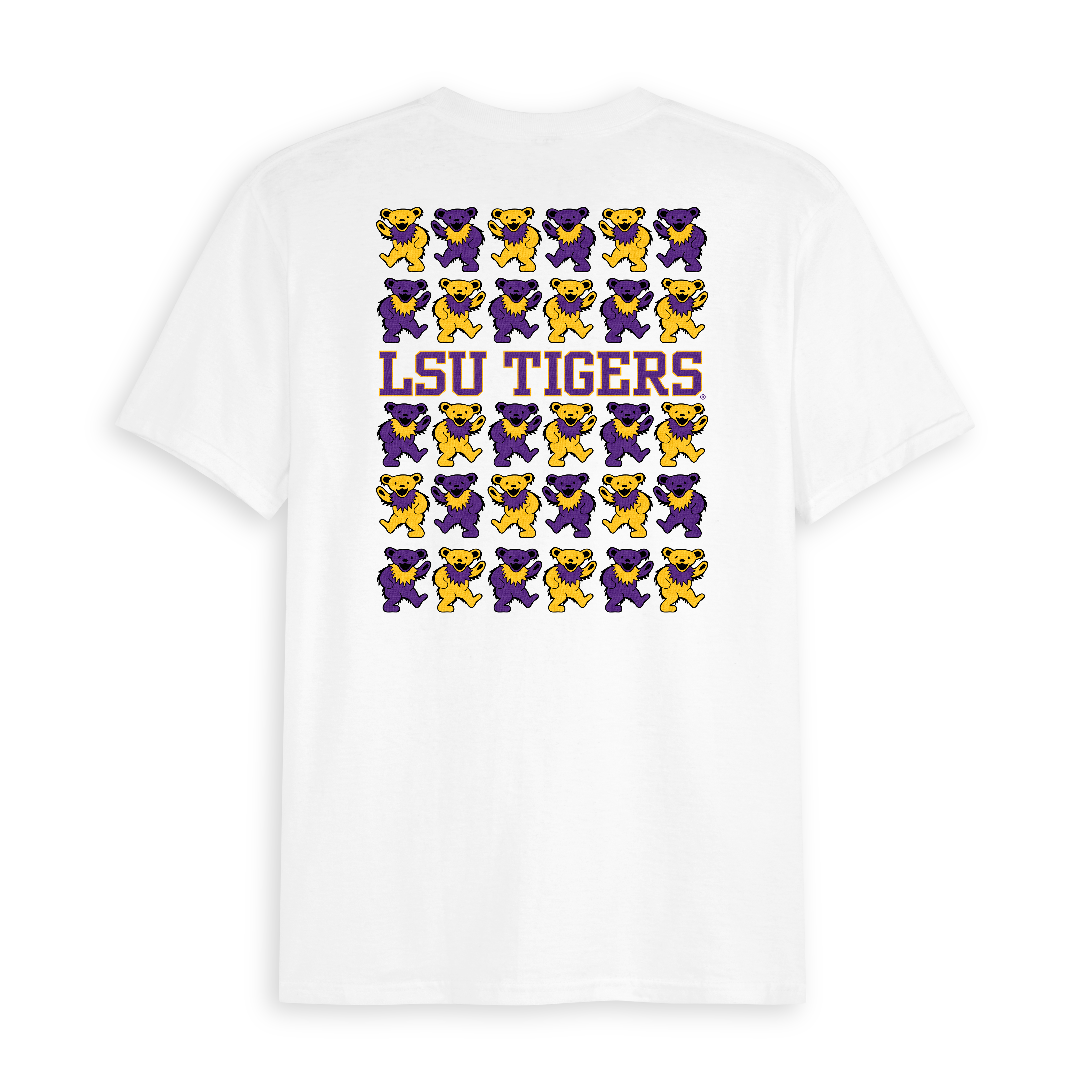 White LSU Tigers t-shirt with purple and gold dancing bears graphic on back. Class Trip | Officially Licensed Collegiate Apparel