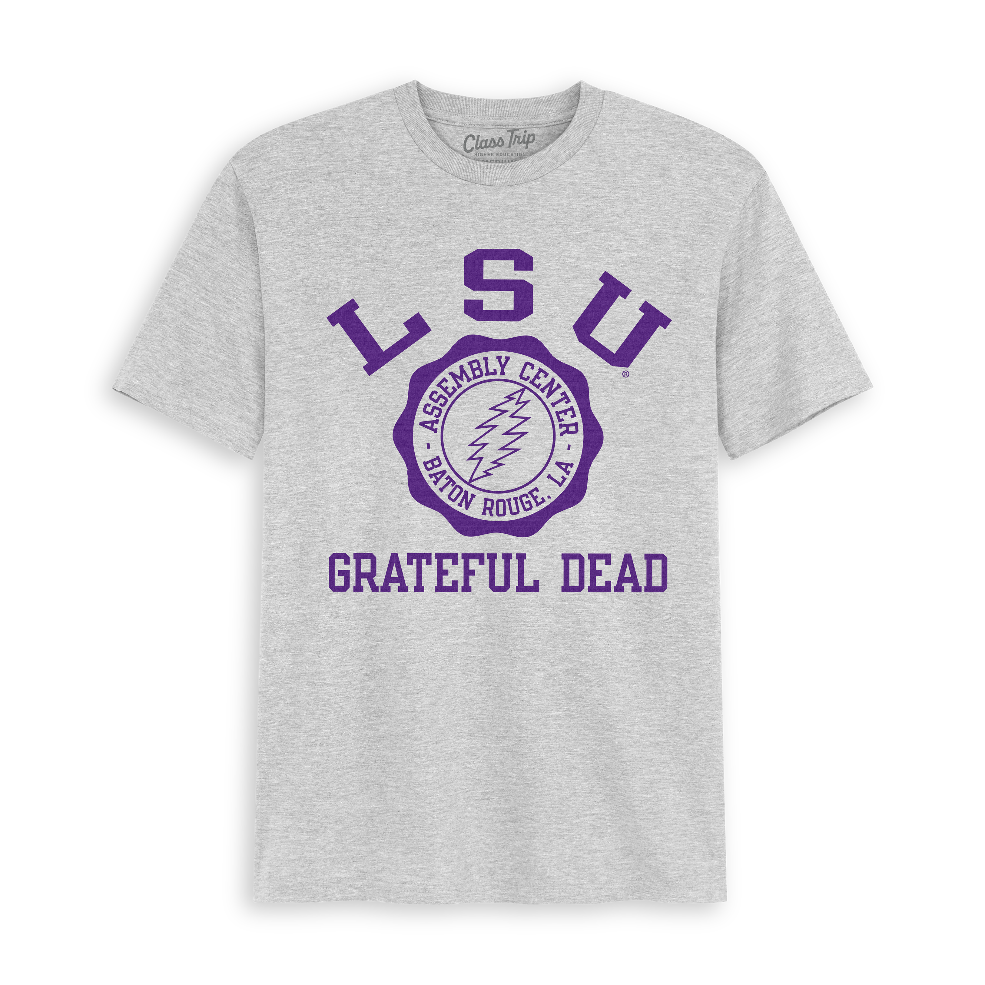 Gray LSU Grateful Dead Assembly Center t-shirt with purple collegiate graphics. Class Trip | Officially Licensed Collegiate Apparel