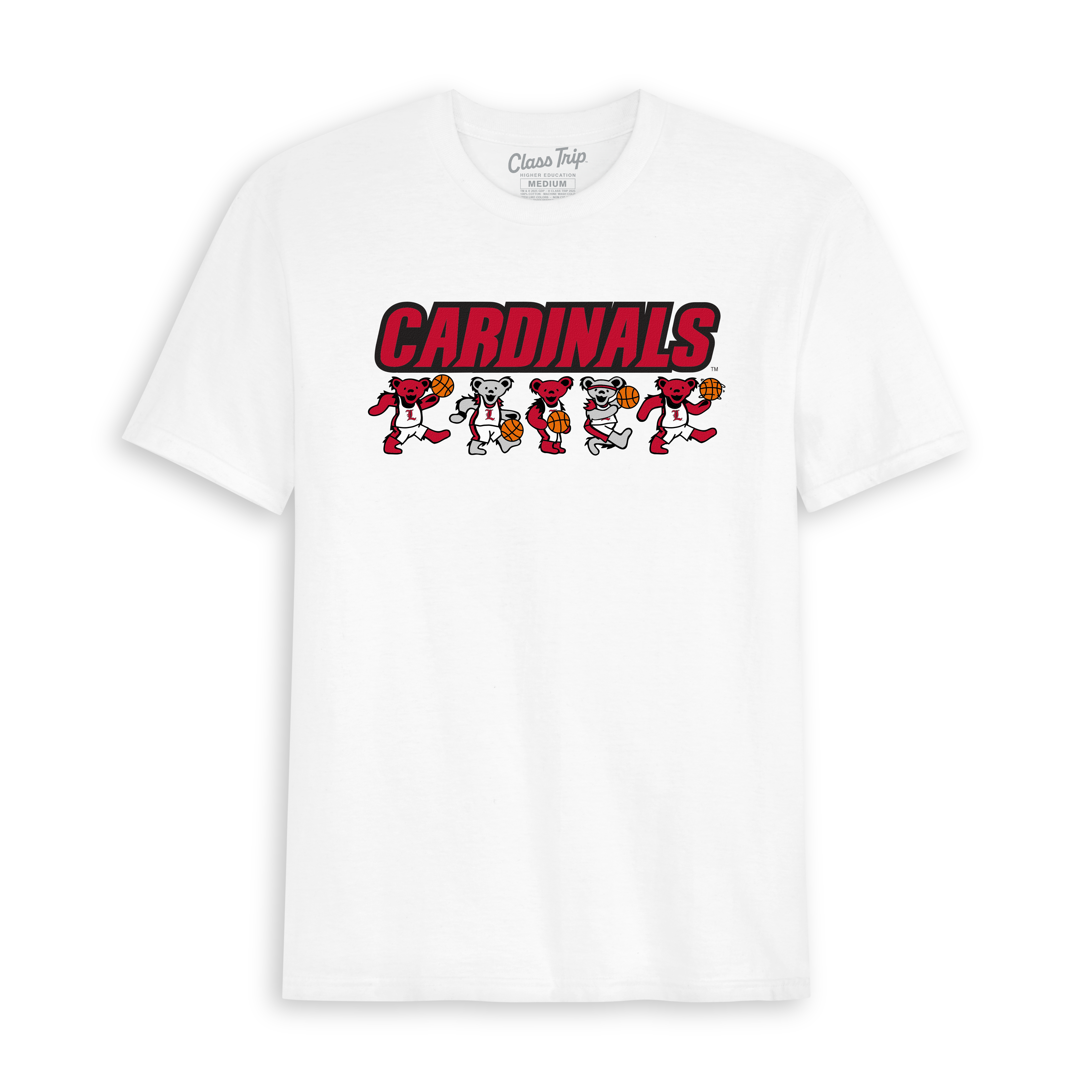White t-shirt with dancing cartoon bears holding basketballs and bold 'Cardinals' text. Class Trip | Officially Licensed Collegiate Apparel