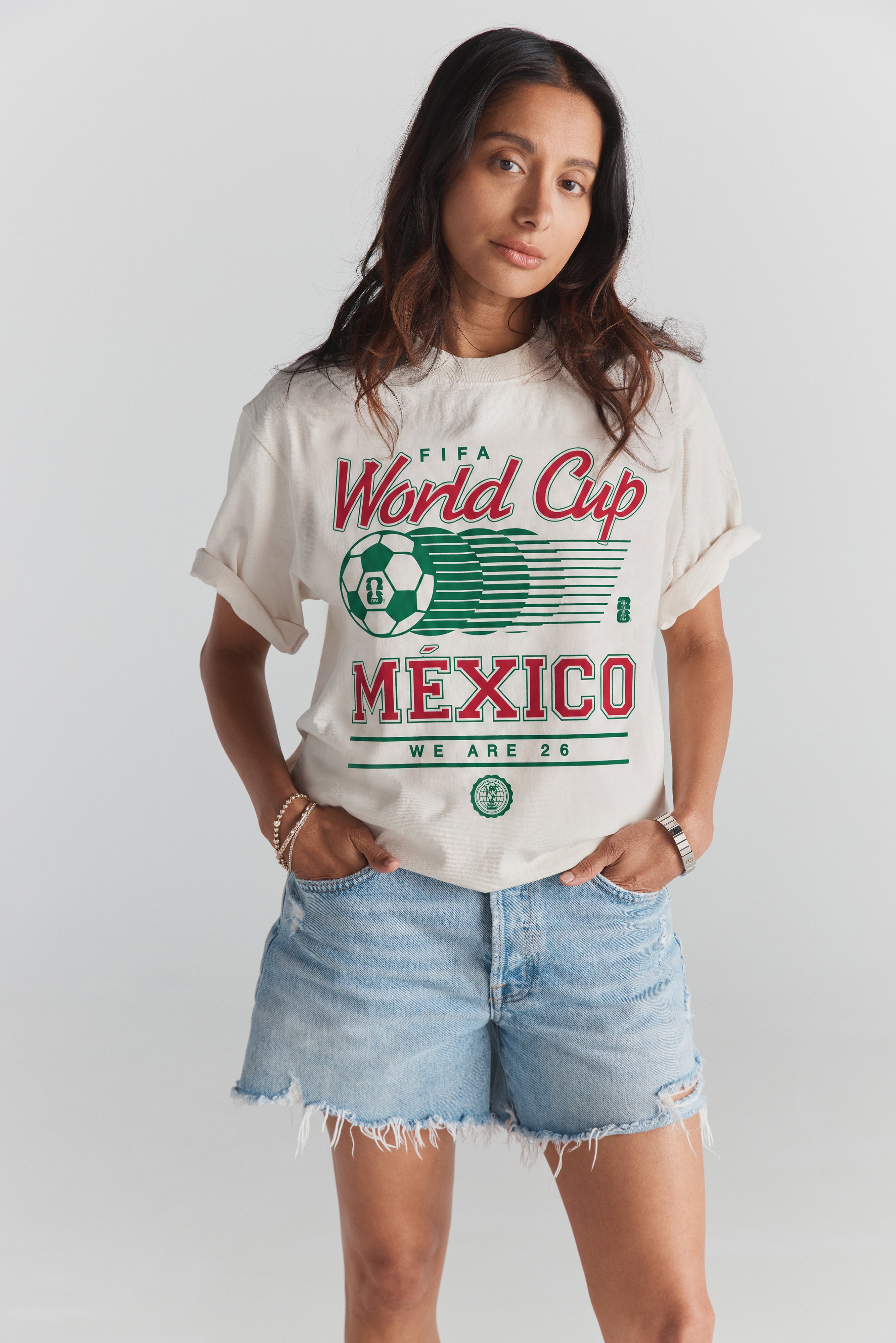 FIFA World Cup Mexico 2026 vintage graphic tee, cream cotton crewneck with green and red print. Class Trip | Higher Education