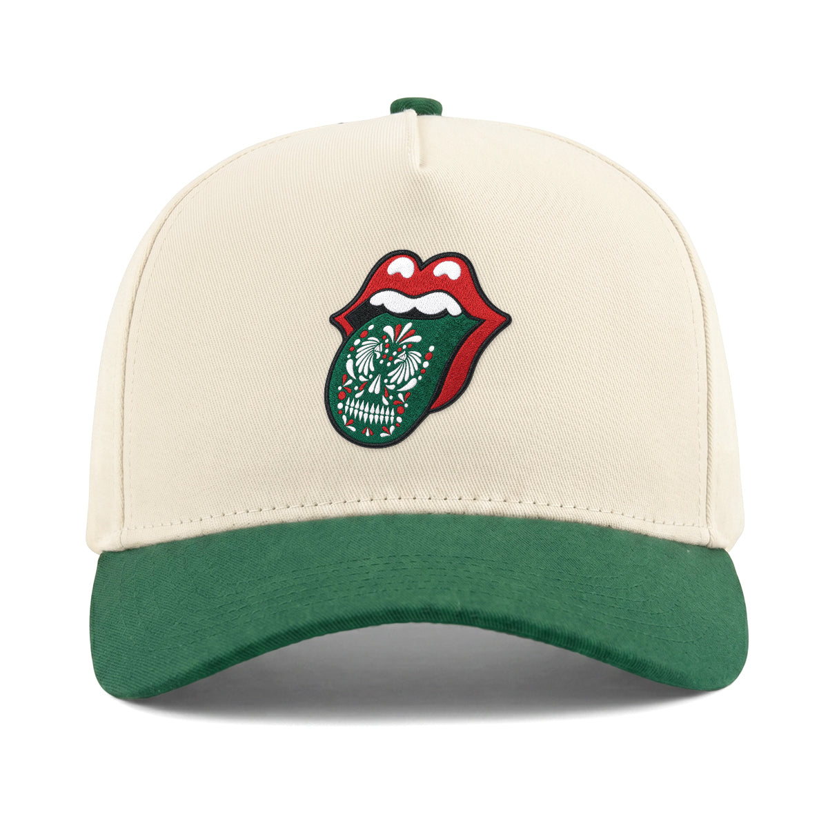 Cream and green baseball cap with embroidered sugar skull tongue design. Class Trip | Higher Education