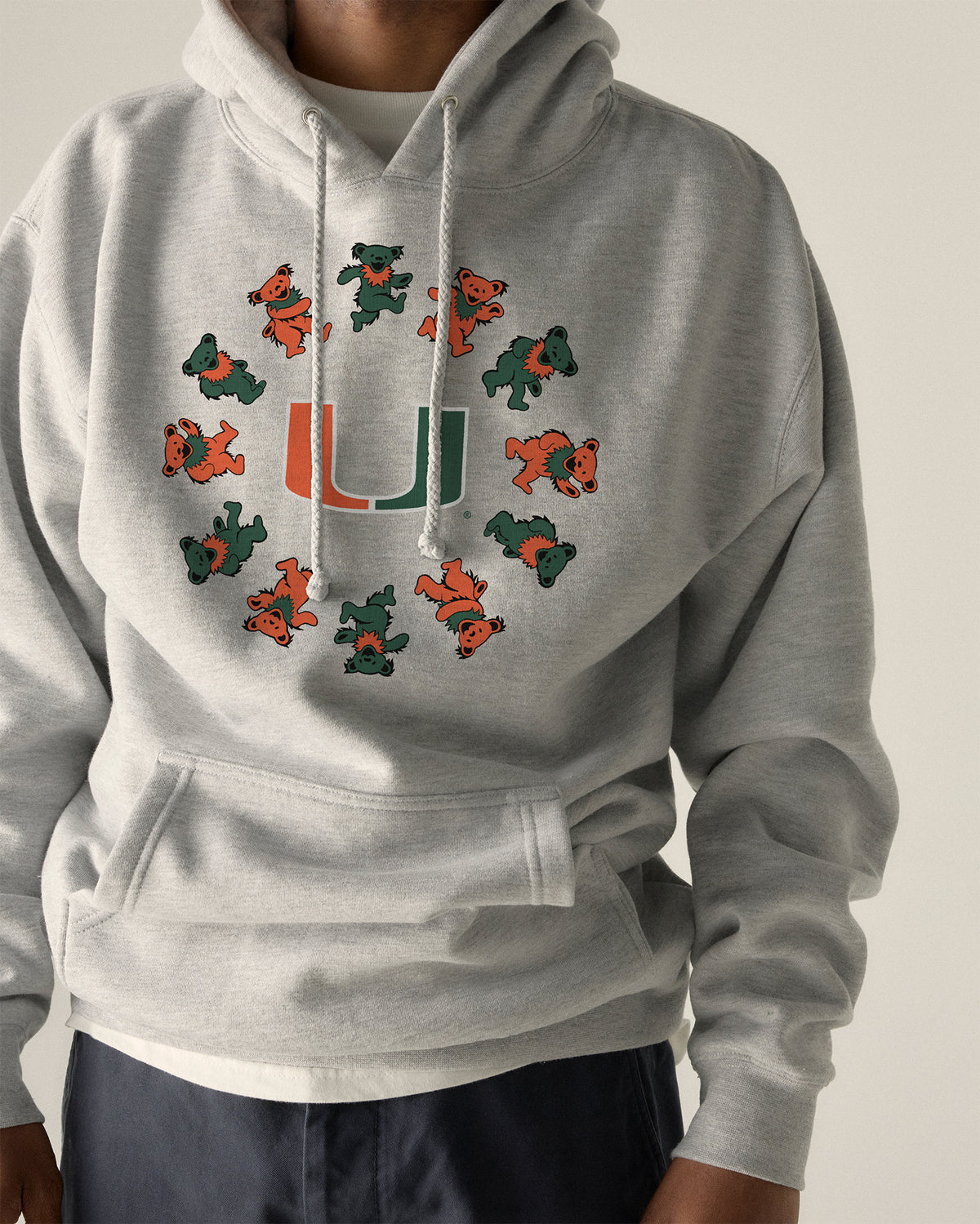 Grey Class Trip hoodie with University of Miami and Grateful Dead dancing bears. University of Miami x Grateful Dead Circle Bears Hoodie Class Trip | Higher Education