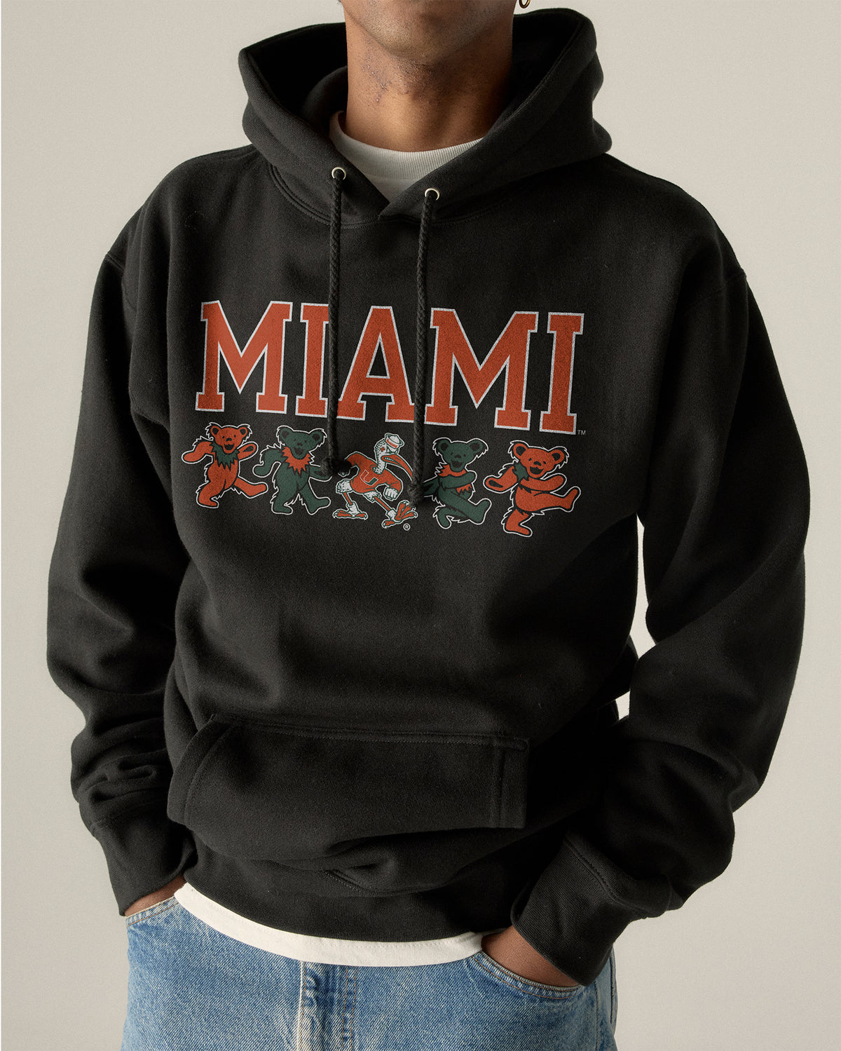 Black Class Trip hoodie with University of Miami text and Grateful Dead bears. University of Miami x Grateful Dead Mascot Bears Hoodie Class Trip | Higher Education