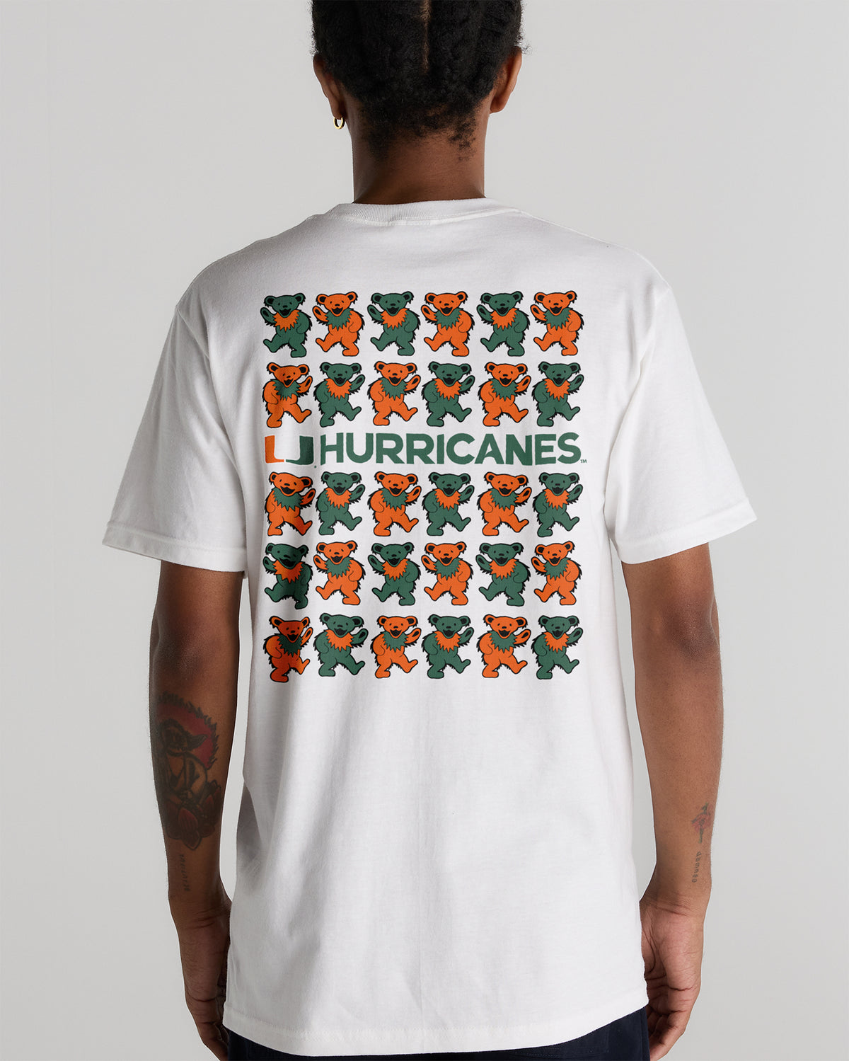 Back view of a white University of Miami x Grateful Dead Stacked Bears Tee by Class Trip | Higher Education