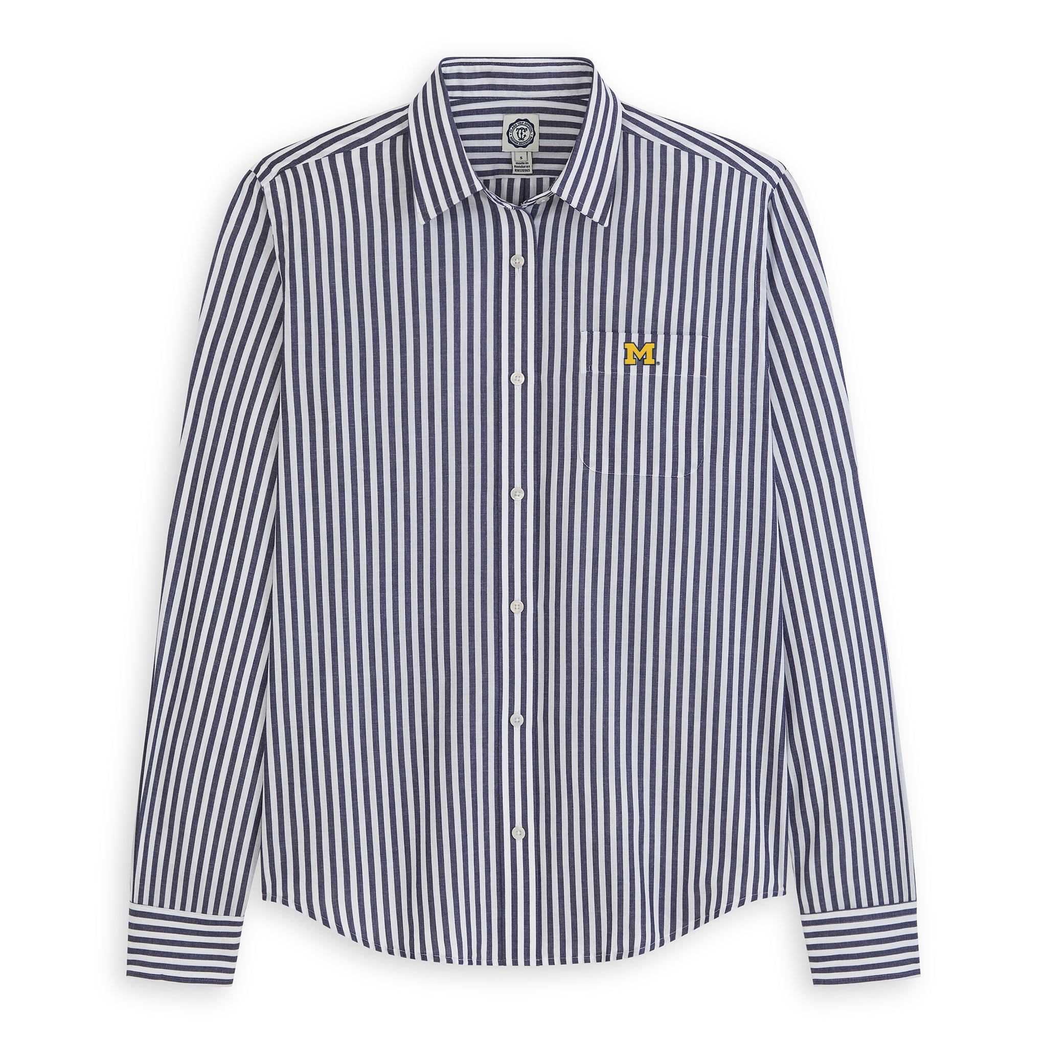 Women's navy and white striped poplin button-down shirt with collegiate logo, long sleeves. Class Trip | Officially Licensed Collegiate Apparel