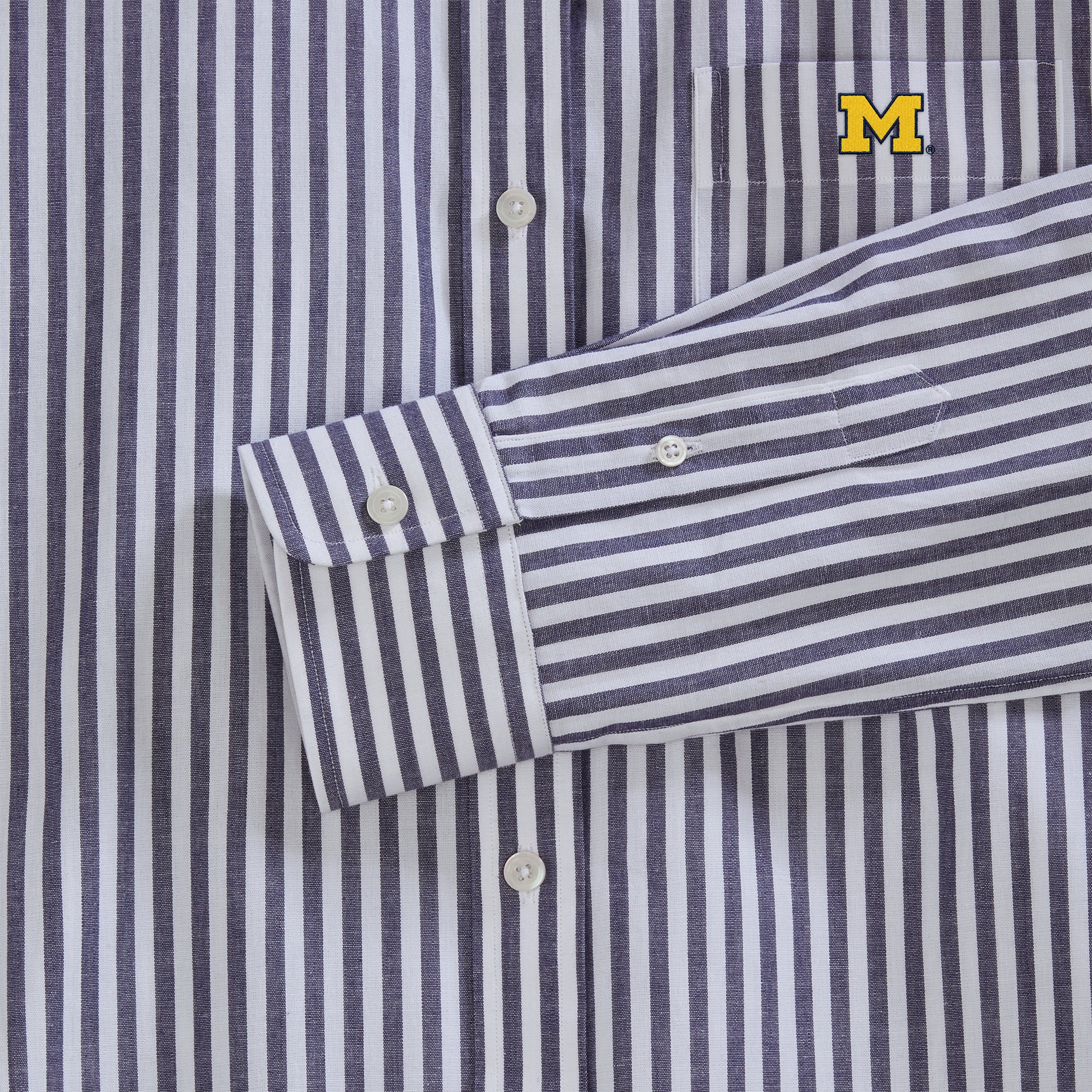 Navy and white striped poplin shirt with yellow collegiate logo on pocket, Class Trip | Officially Licensed Collegiate Apparel