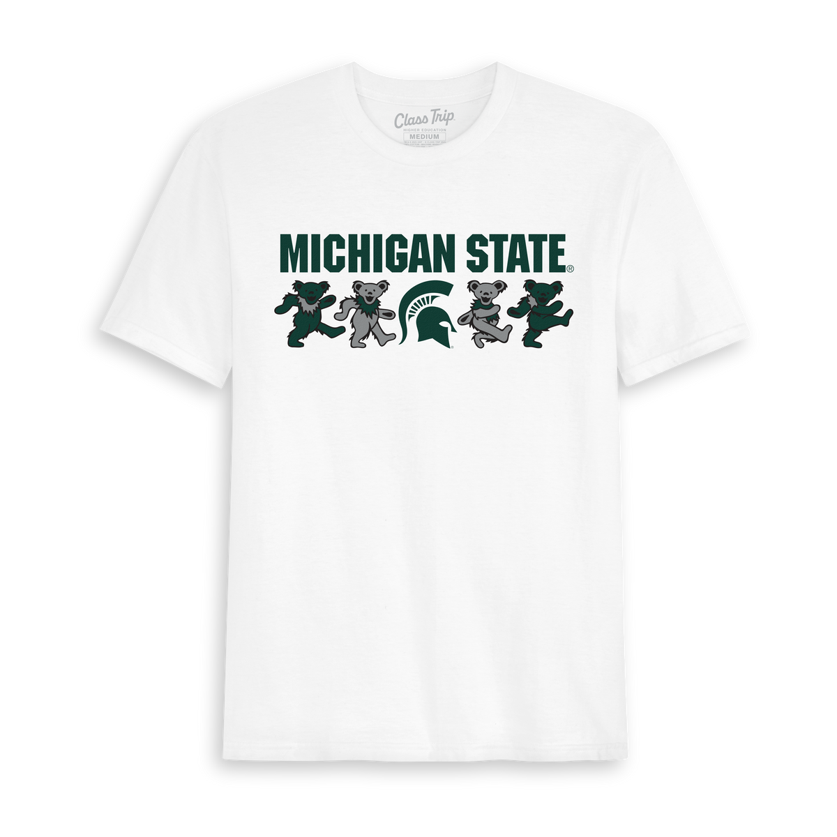 White Class Trip t-shirt with Michigan State and dancing bears. Michigan State x Grateful Dead Mascot Bears Tee Class Trip | Higher Education