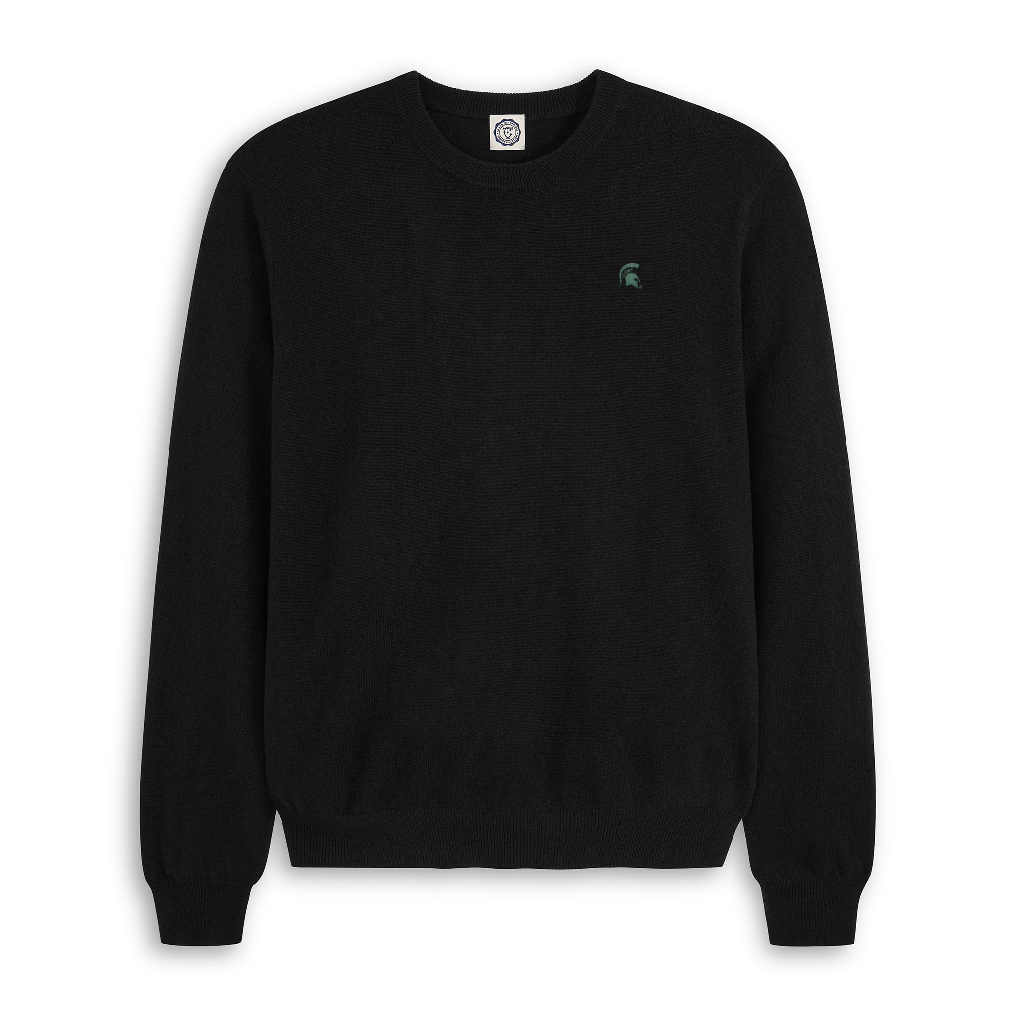 Black men's merino wool crewneck sweater with embroidered green helmet logo, collegiate style. Class Trip | Officially Licensed Collegiate Apparel