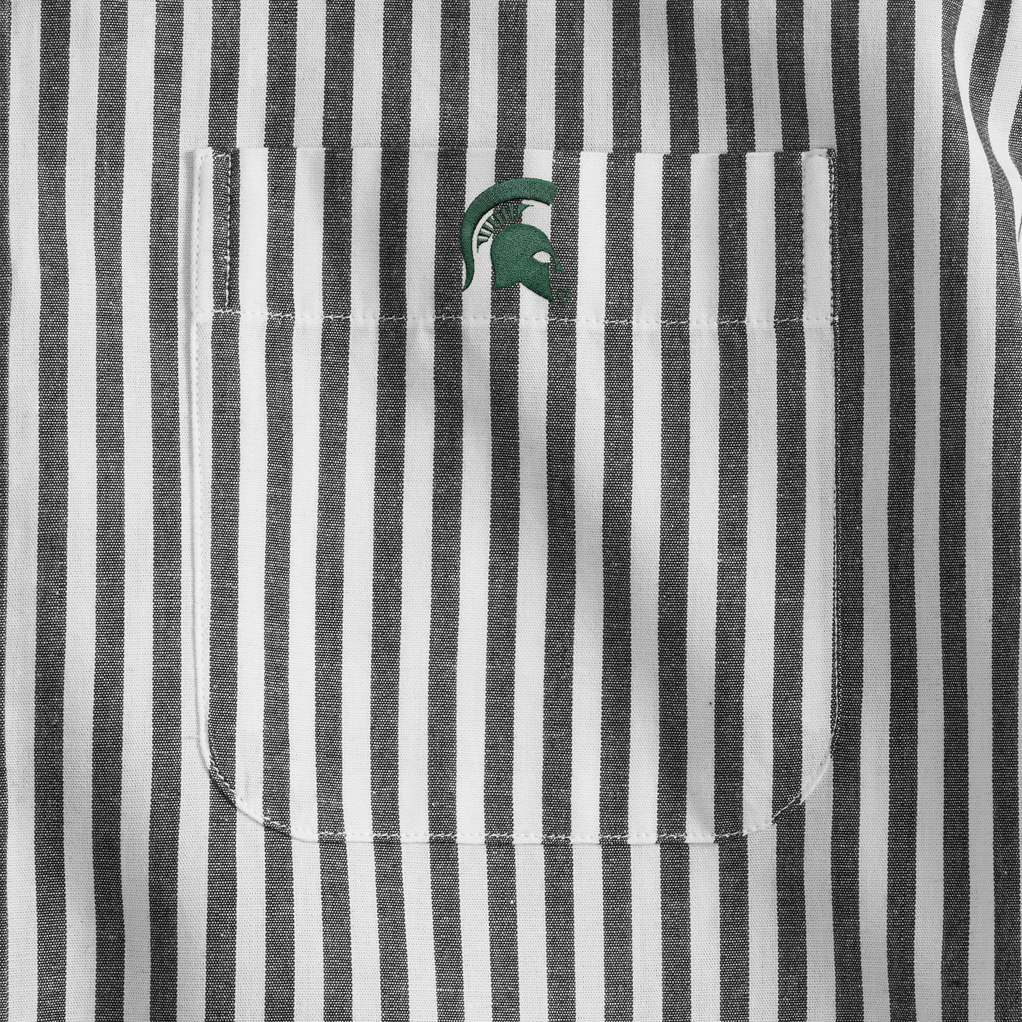 Black and white striped men's shirt pocket with green helmet logo detail, Class Trip | Officially Licensed Collegiate Apparel