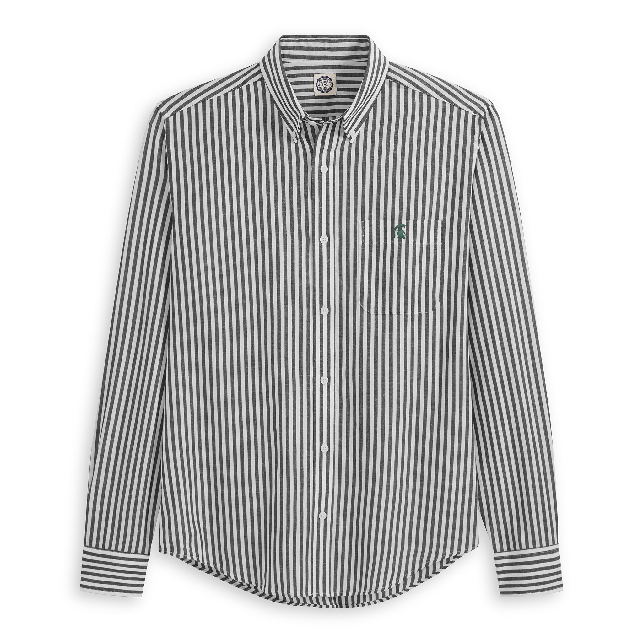 Men's black and white striped button-up poplin shirt with embroidered logo on pocket, Class Trip | Officially Licensed Collegiate Apparel