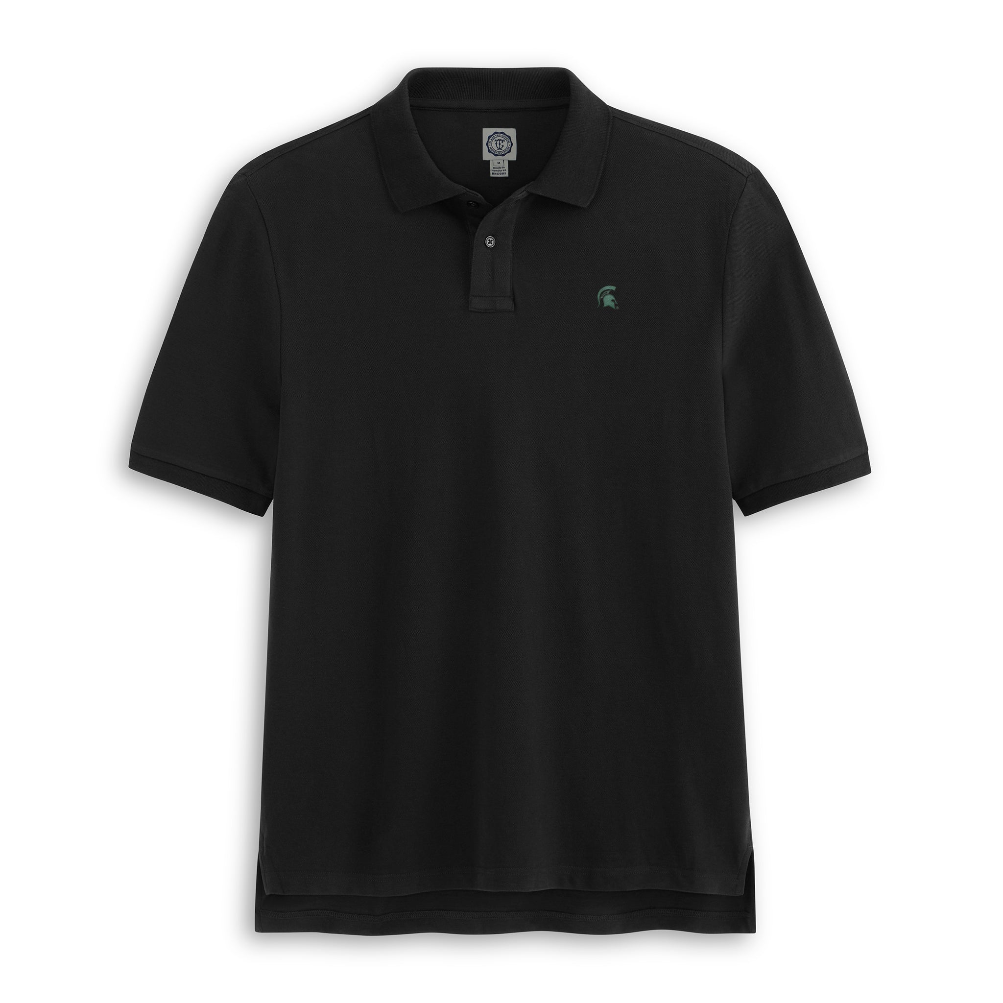 Black collegiate pique polo shirt with embroidered Spartan logo, short sleeves, Class Trip | Officially Licensed Collegiate Apparel