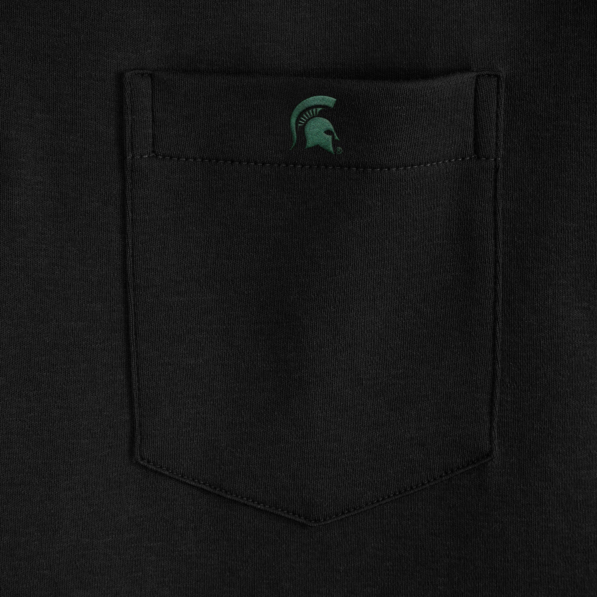 Black collegiate pocket polo shirt with green Spartan helmet logo detail. Class Trip | Officially Licensed Collegiate Apparel