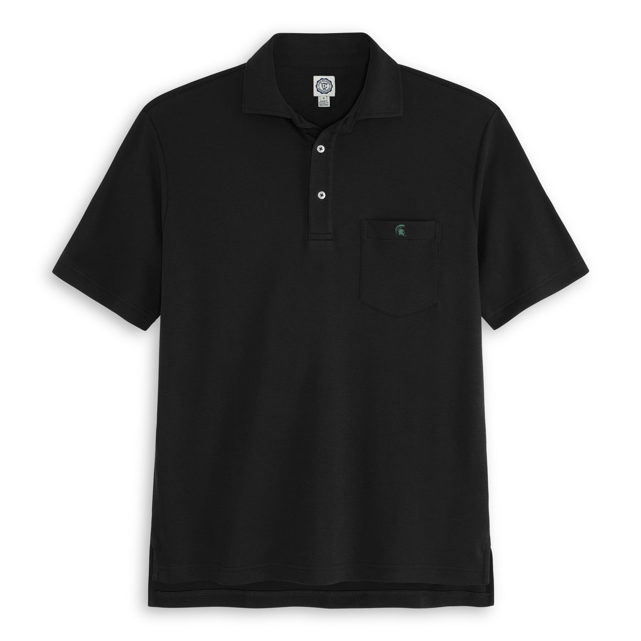 Black collegiate short sleeve polo shirt with chest pocket and embroidered university logo. Class Trip | Officially Licensed Collegiate Apparel