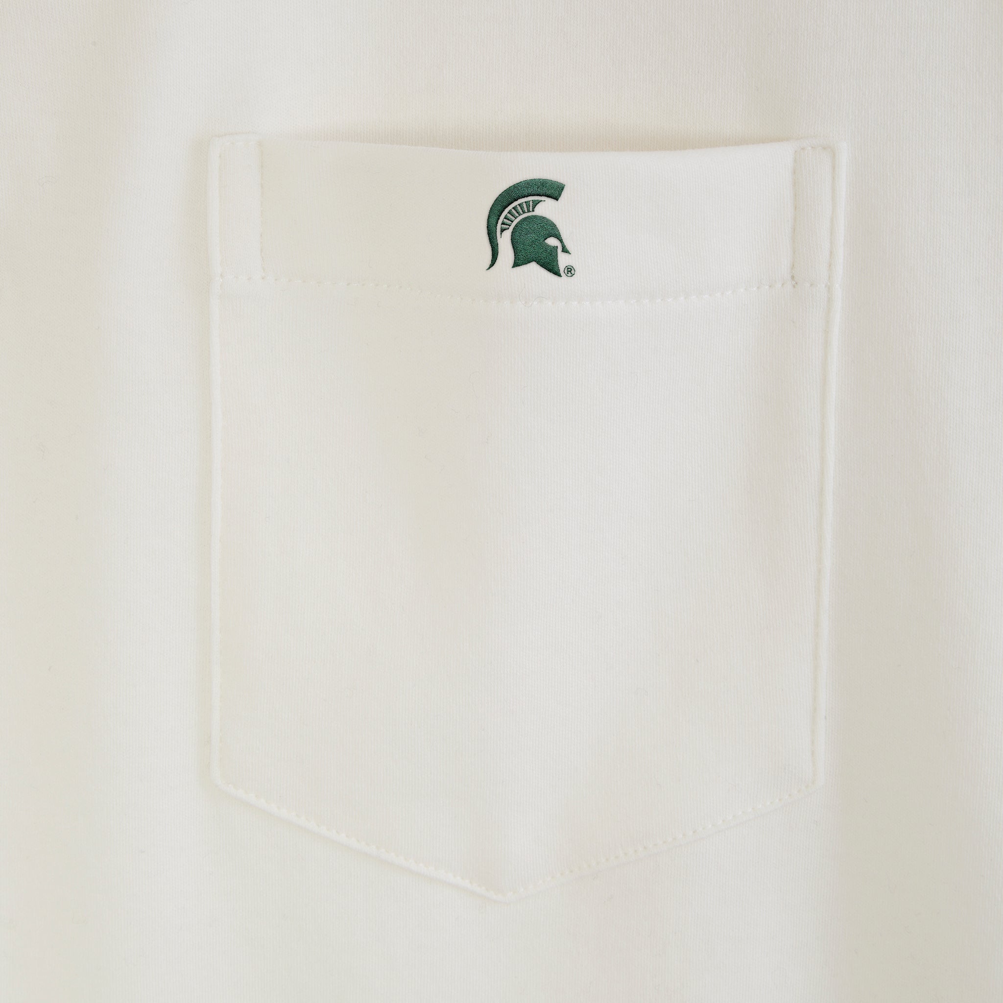 White collegiate polo shirt with chest pocket and green Spartan logo, Class Trip | Officially Licensed Collegiate Apparel