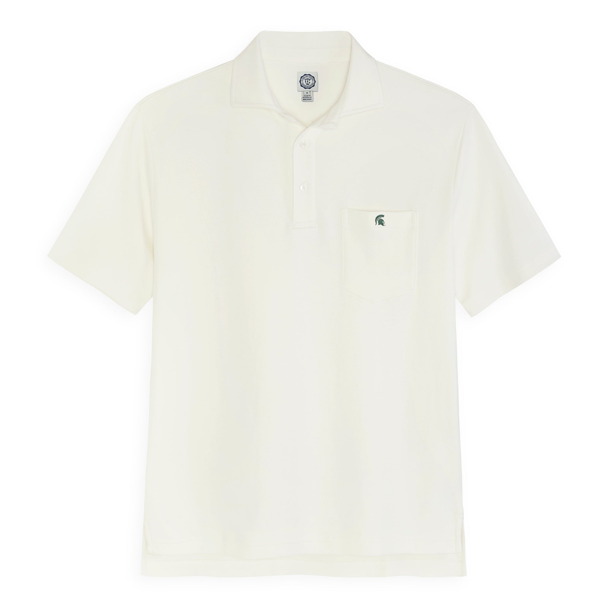 White collegiate polo shirt with chest pocket and embroidered logo, short sleeves, front view. Class Trip | Officially Licensed Collegiate Apparel