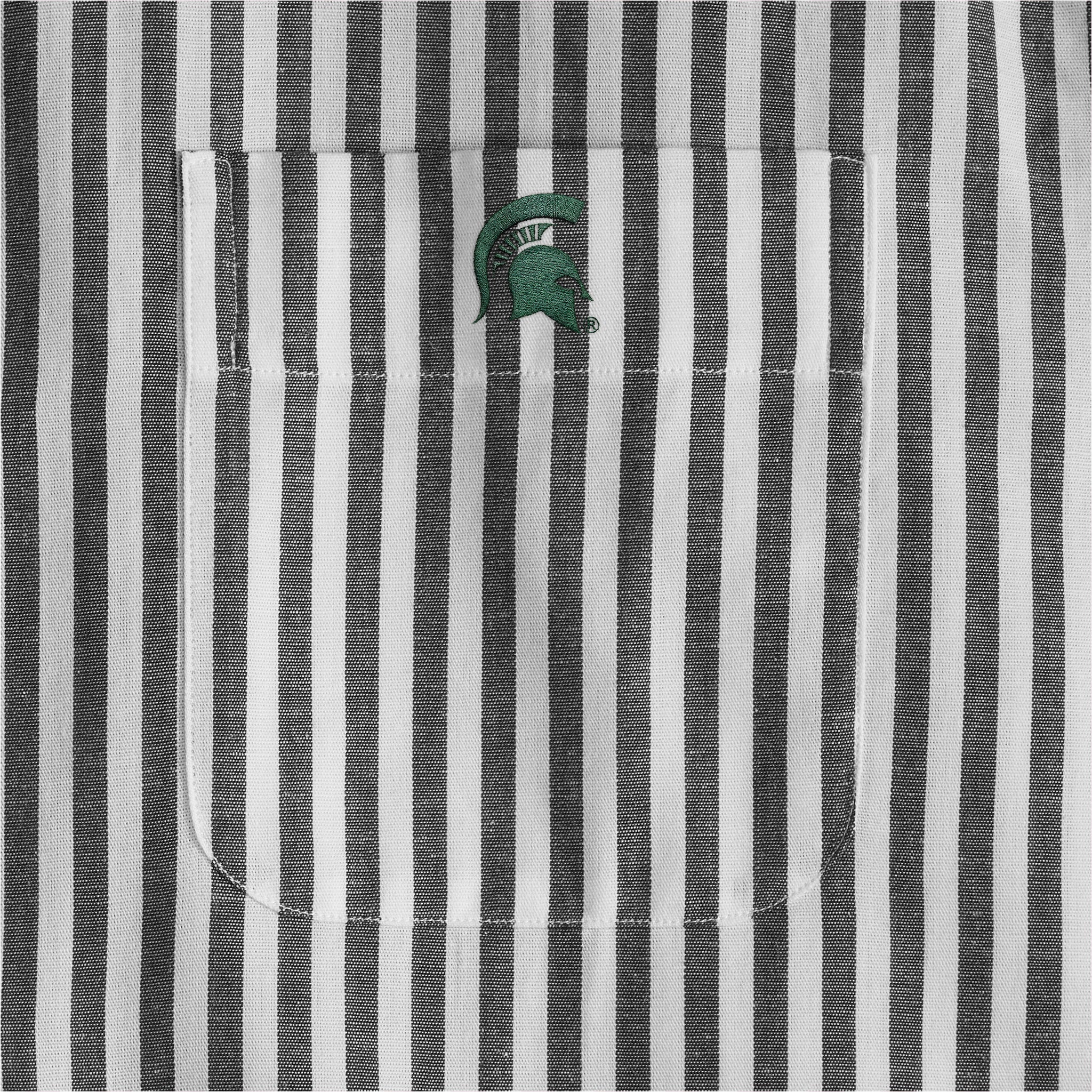 Black and white striped women's poplin shirt pocket with collegiate logo embroidery. Class Trip | Officially Licensed Collegiate Apparel