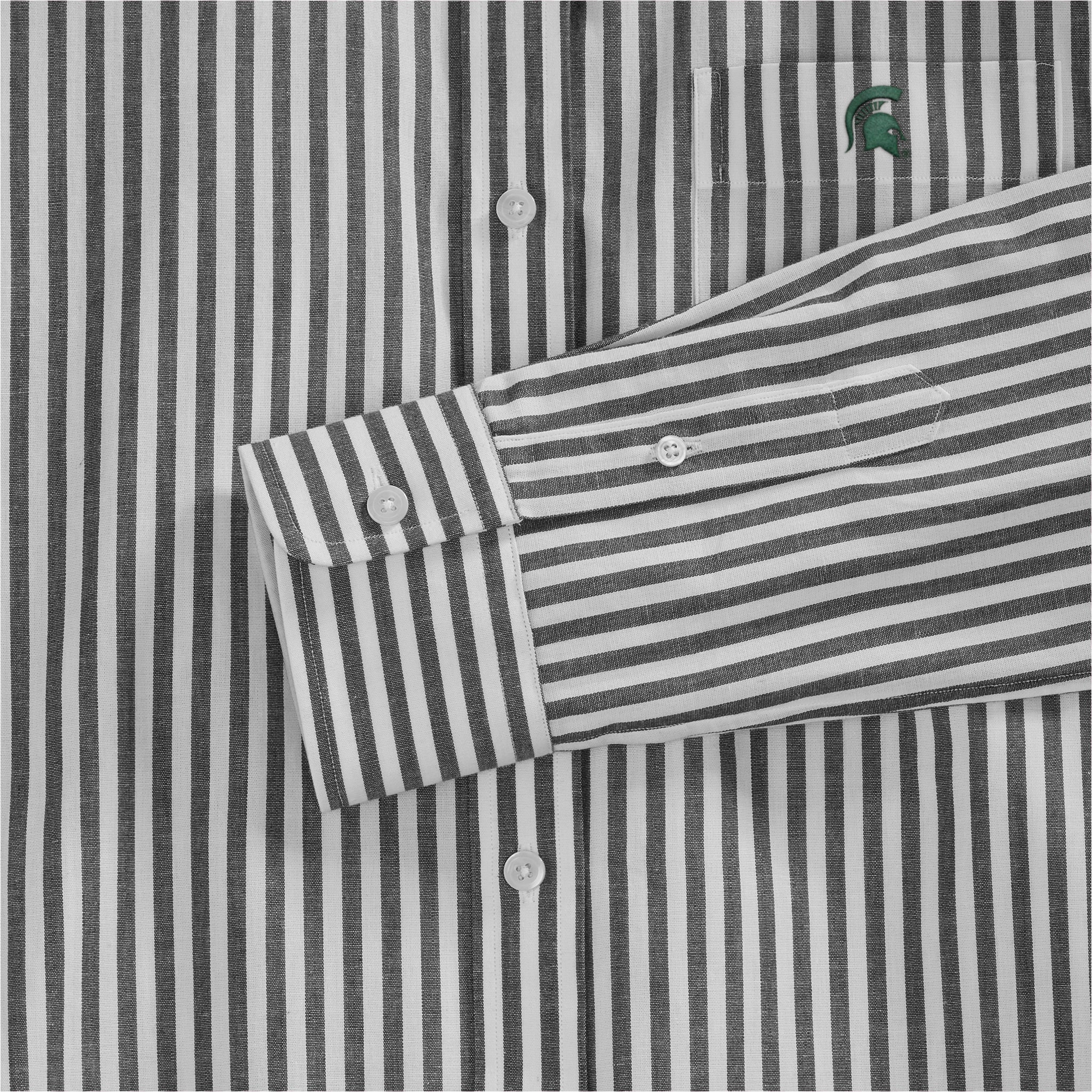 Black and white striped women's poplin shirt with green embroidered logo detail, official collegiate apparel. Class Trip | Officially Licensed Collegiate Apparel