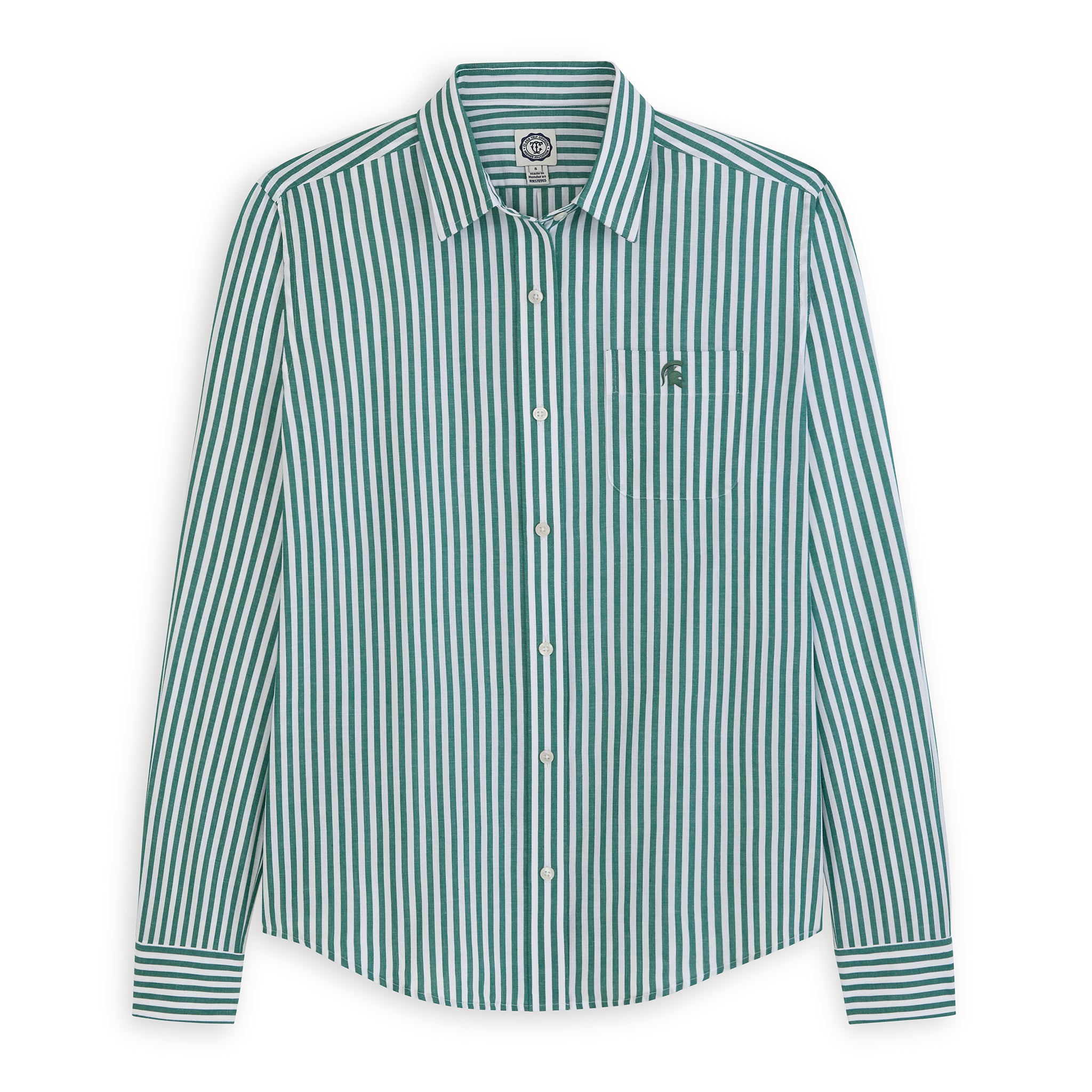 Women's green and white striped poplin button-down shirt with embroidered logo on pocket, Class Trip | Officially Licensed Collegiate Apparel