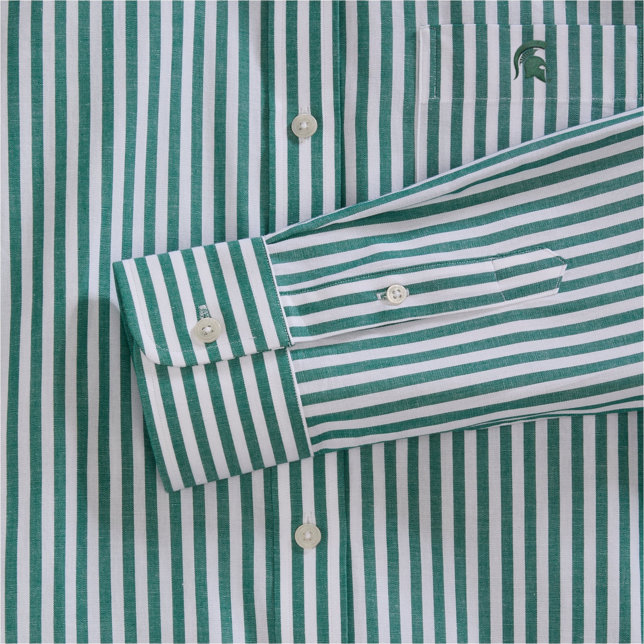 Green and white striped women's poplin shirt with embroidered pocket detail, button cuff. Class Trip | Officially Licensed Collegiate Apparel
