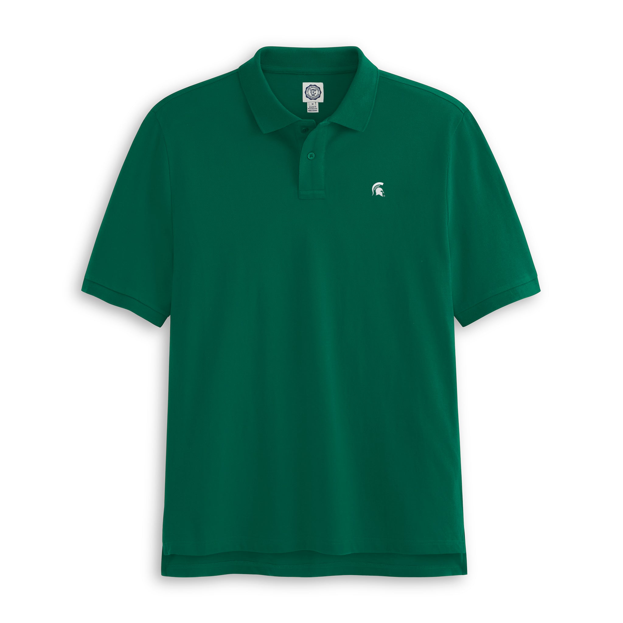 Green collegiate polo shirt with embroidered white mascot logo, front view. Class Trip | Officially Licensed Collegiate Apparel