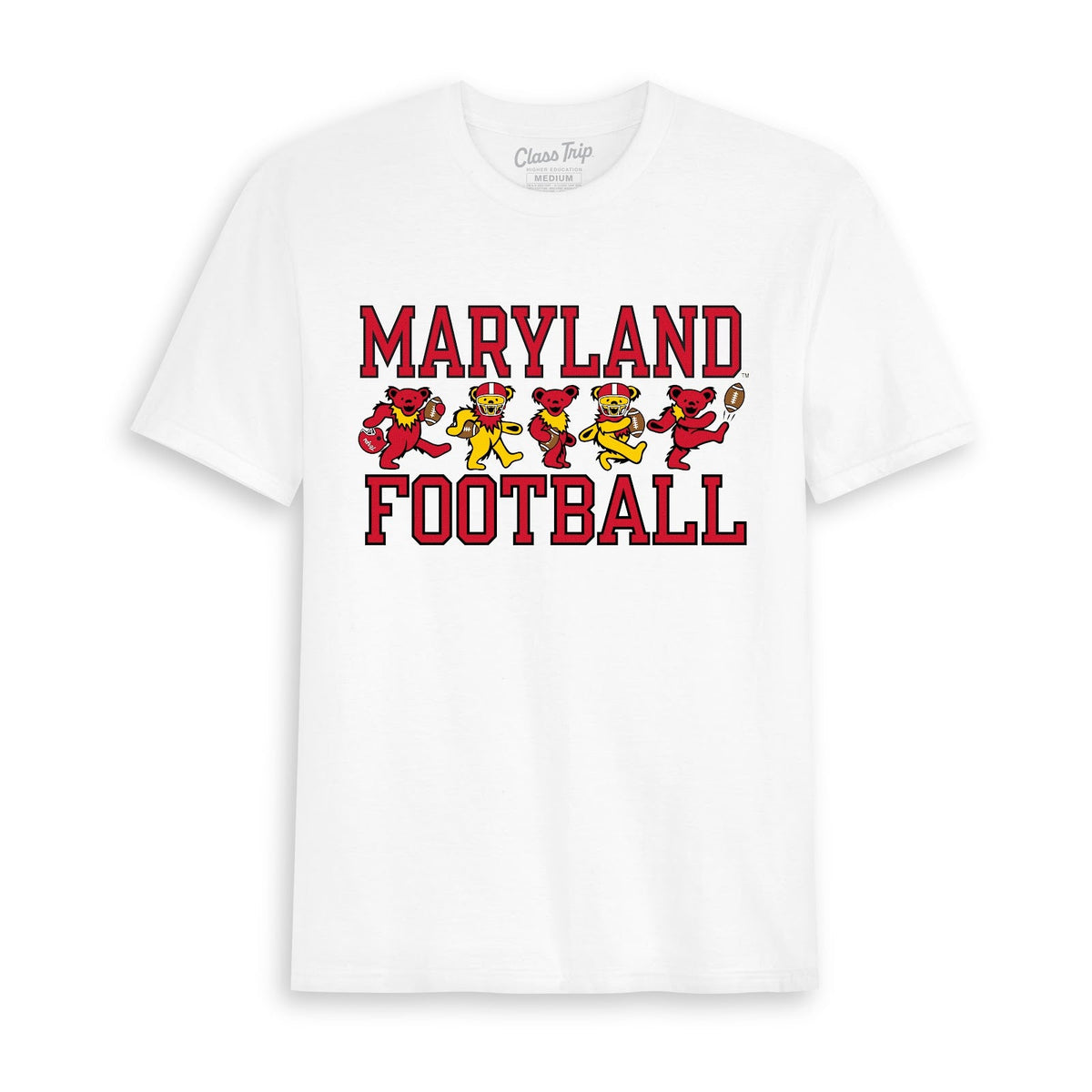 Front flat lay of the White Maryland x Grateful Dead Football Bears Tee. Class Trip | Higher Education